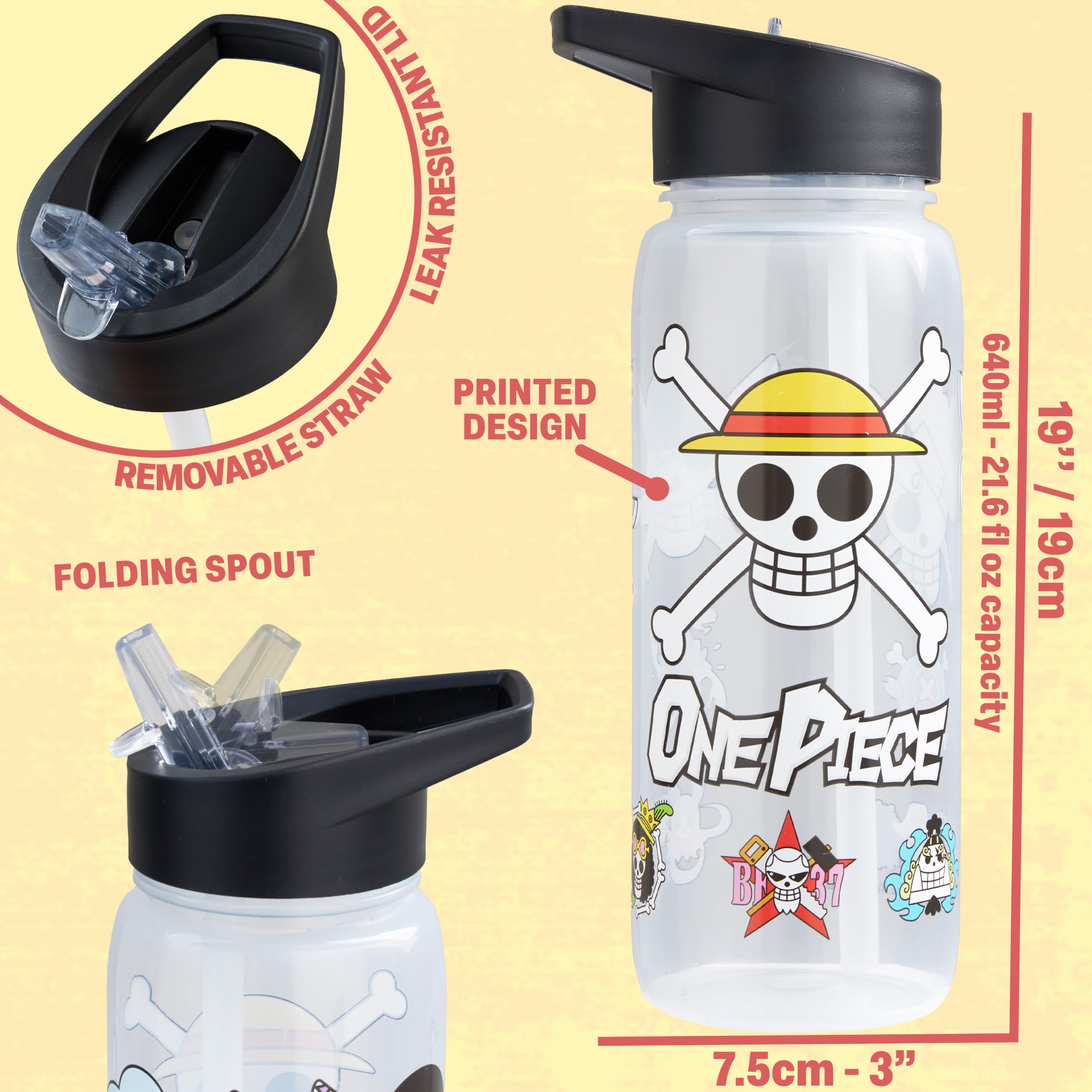 Get Trend One Piece Personaggi Porta Pranzo Bambini, Set 2 Pezzi con Senza BPA Bento Box 3 Scomparti e Borraccia Coperchio Apribile con Cannuccia 580 ml Scuola Idea Regalo (Multi One Piece)