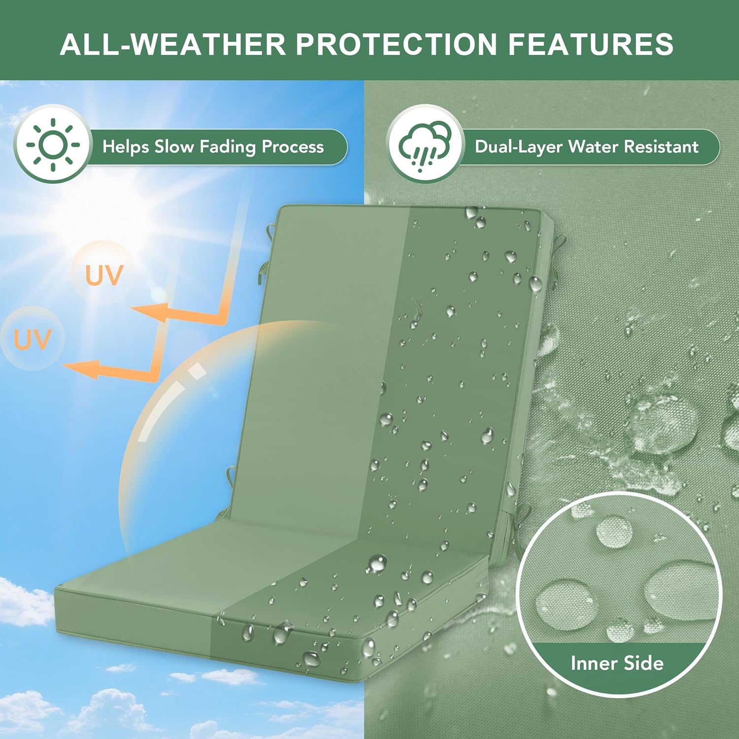 Summsun Patio Dining Chair Cushions 4 Pack, High Back Outdoor Seat Cushion Set with Splash-Proof Removable Covers, Ties, Non-Slip Bottom for Garden Lawn Patio Furniture, 44 x 20 Inch, Sage Green