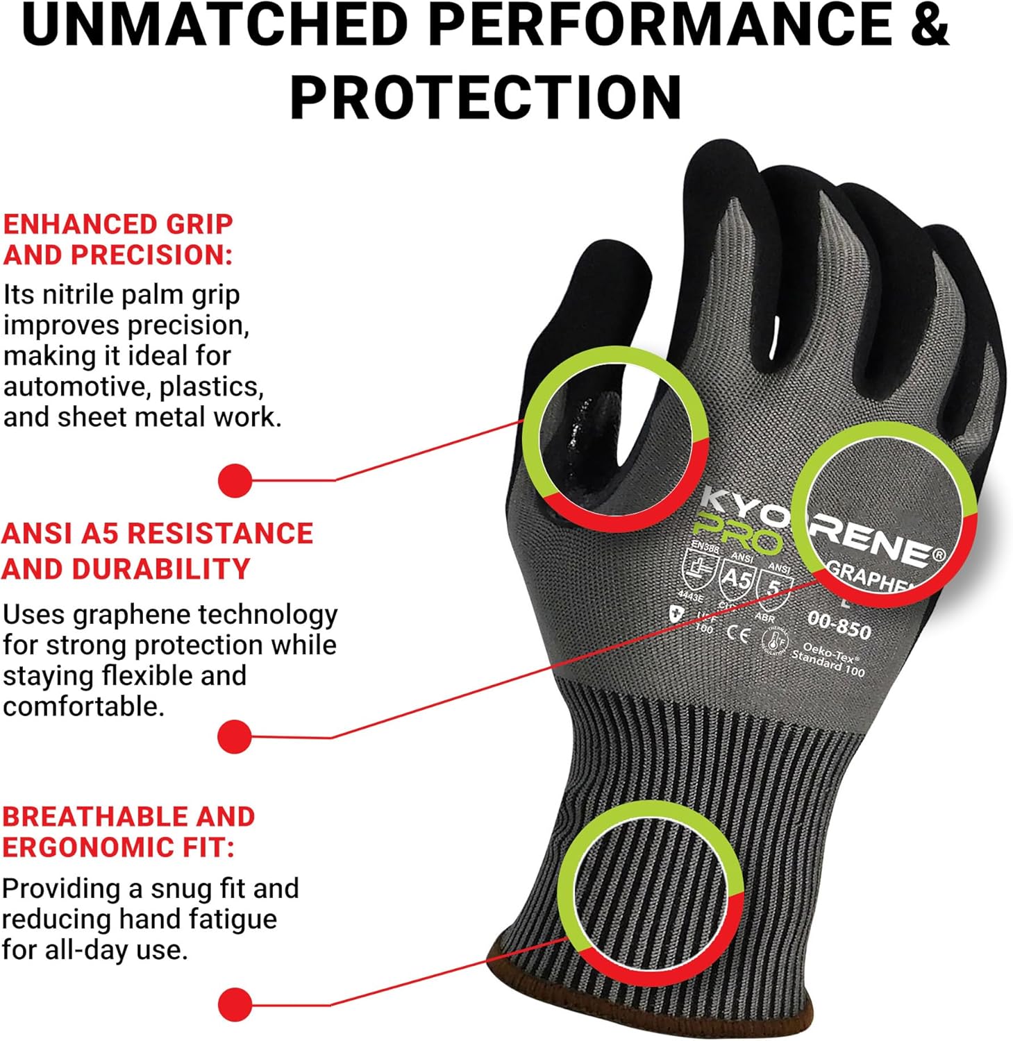 Armor Guys Kyorene Pro 00-850 A5 Cut Resistant Work Gloves - Graphene, Nitrile Grip, Breathable for Sheet Metal Handling - Large, 12 Pairs