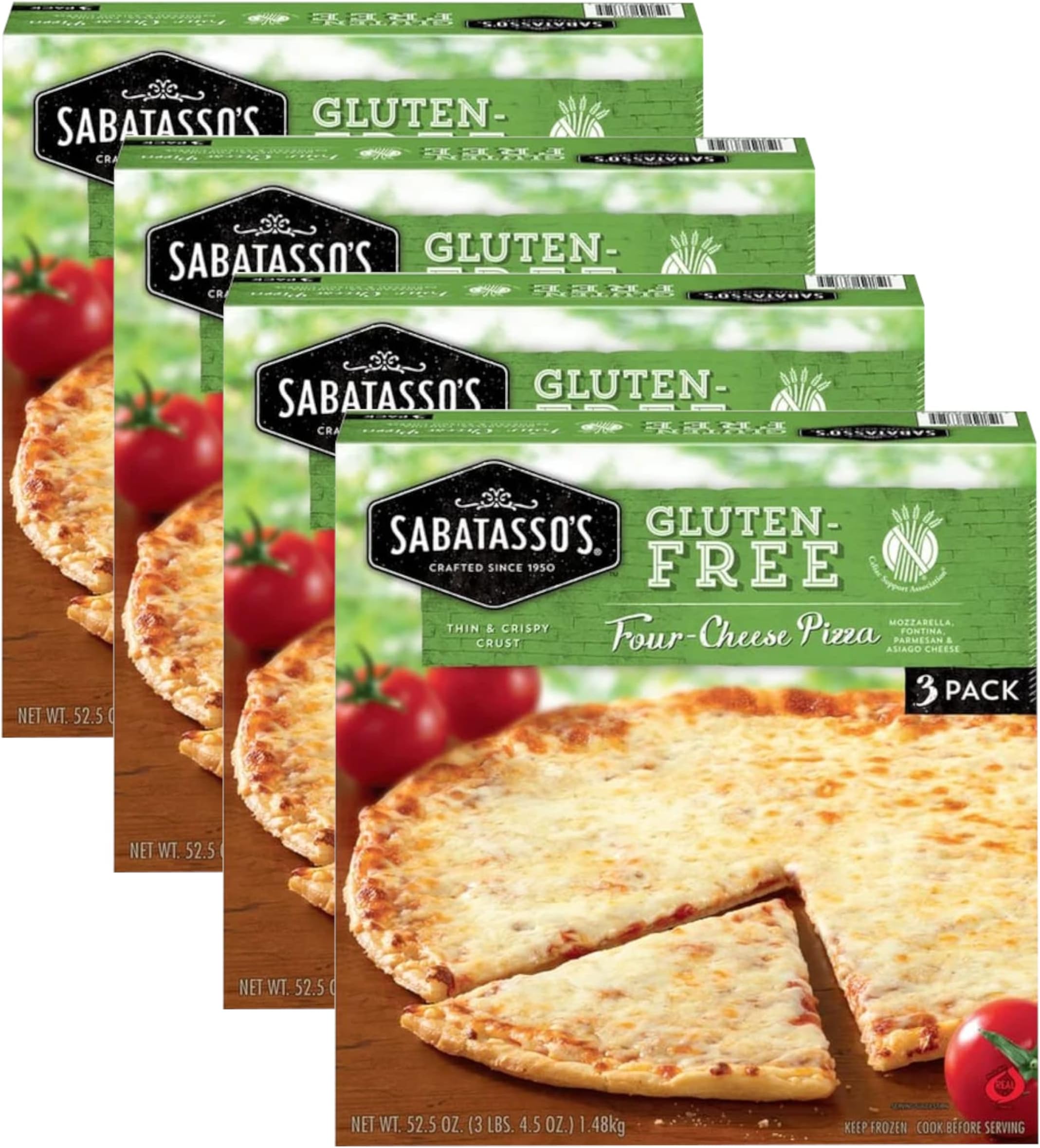 Sabatasso's Gluten Free Four Cheese Pizza - Thin and Crispy Crust - Mozzarella, Parmesan, Fontina and Asiago Cheese - 4 Pack ( 52.5 0z Each)