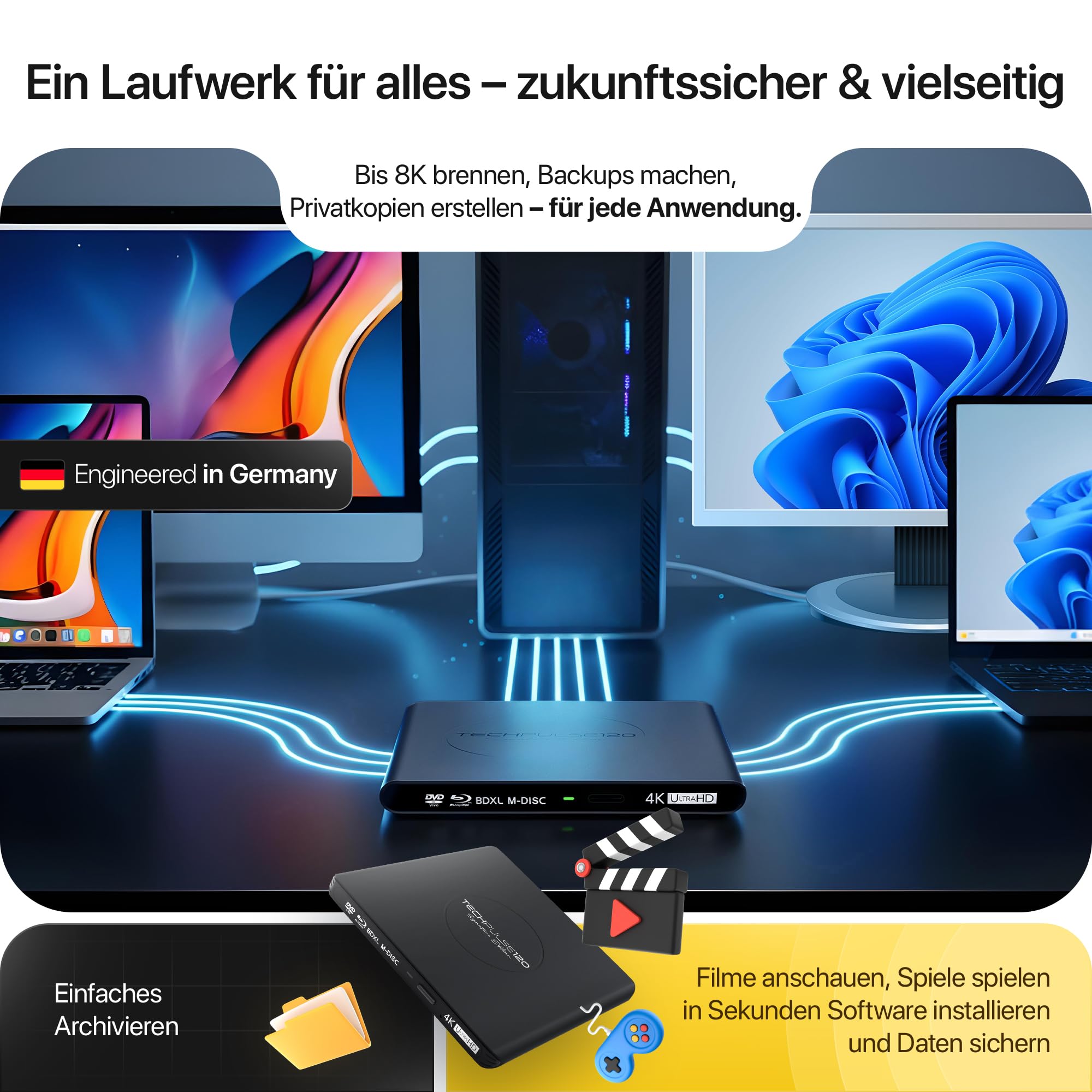 techPulse120 Unidad externa USB 3.1 USB-C UHD 4K 3D M-DISC Blu-ray DVD CD HDR10 128GB Unidad Grabadora Burner Signature Paquete Bolsa 90 cm Cable de conexión Aluminio (Negro)