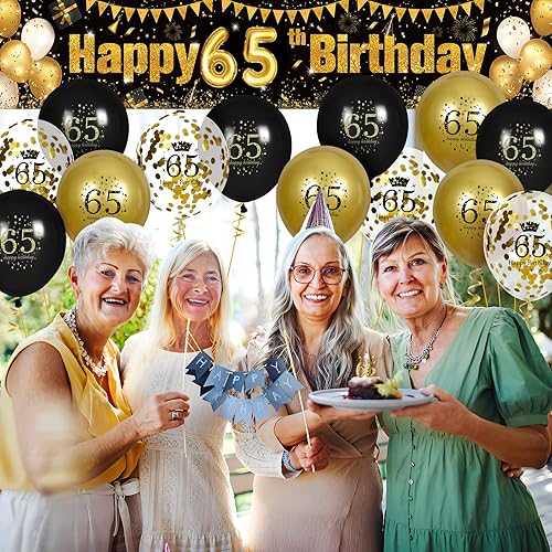Miniatura 5 de Decoraciones de cumpleaños número 65 para hombres y mujeres, cartel negro y dorado para patio y 18 globos de feliz cumpleaños para suministros
