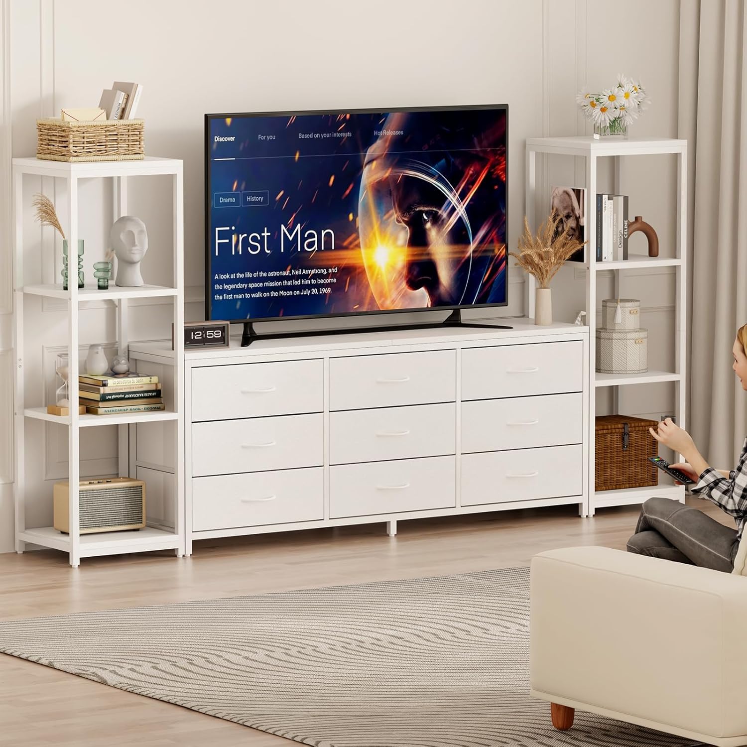 TV Stand Dresser for 75 Inch TV, Large Modern Industrial Entertainment Center with 9 Fabric Drawers & Dual 4-Tier Adjustable Storage Shelves, Sturdy Wood Metal TV Console Cabinet for Living Room,White