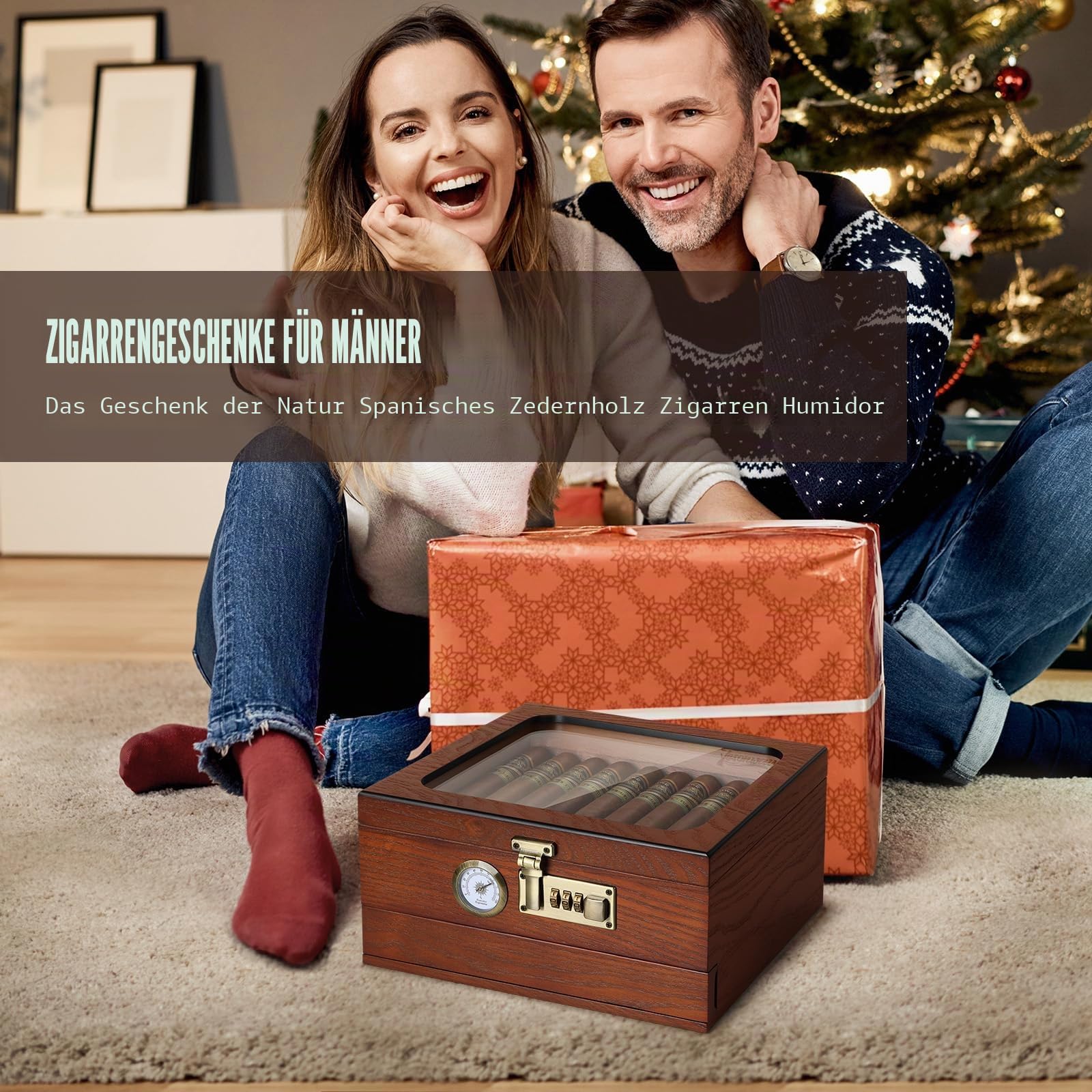 Tesonway Zigarren-Humidor, Zedernholz Humidor Zigarrenbox, Glasplatte Desktop Humidor mit Front-Hygrometer, Luftbefeuchter, Trennwand, Zubehörschublade und Zahlenschloss, Hält 20-35 Zigarren (Braun)