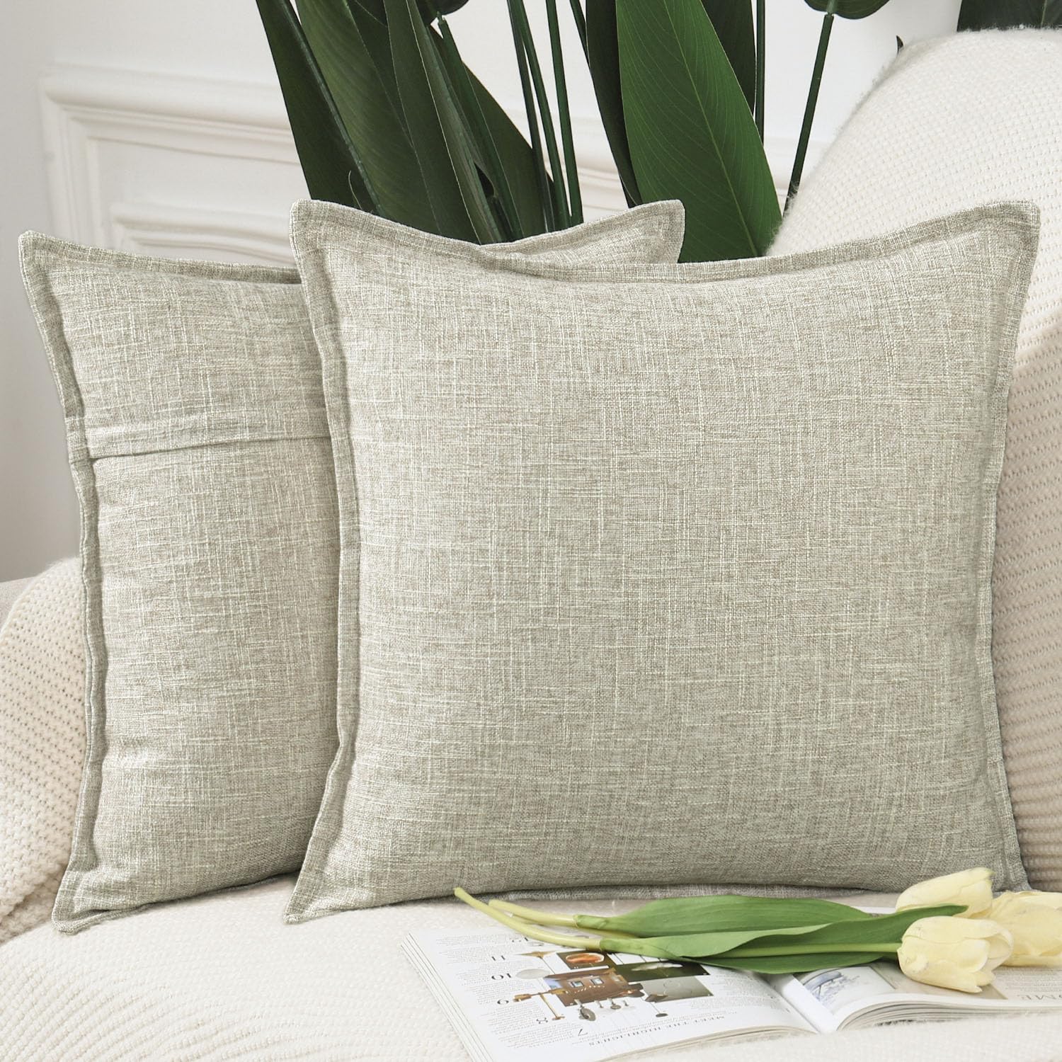 Madizz Juego de 2 Suave Lino Decorativo Funda de cojíns Lujo Estilo Fundas de Almohada para el sofá Dormitorio Avena Cuadrado 50 x 50 cm