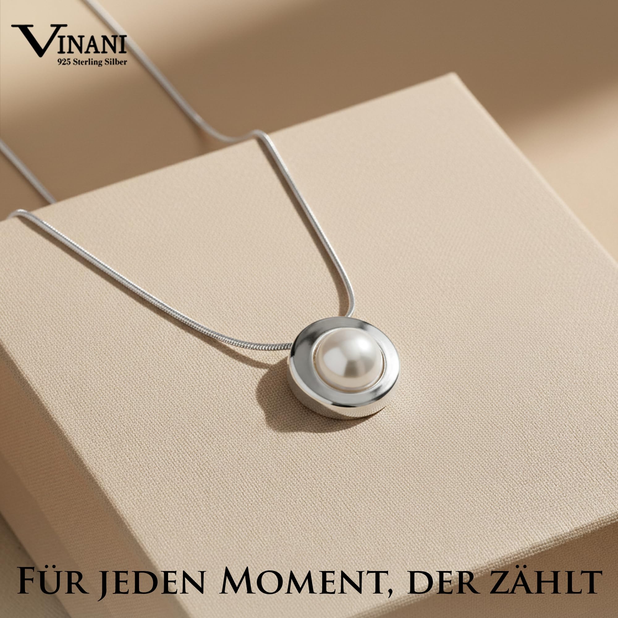 Vinani Damen Halskette & Anhänger aus 925 Sterling Silber – Schlangenkette mit Perlen-Anhänger im Knopf-Design, glänzend, Silberschmuck für Frauen, Halsschmuck, Silberkette, APS-S