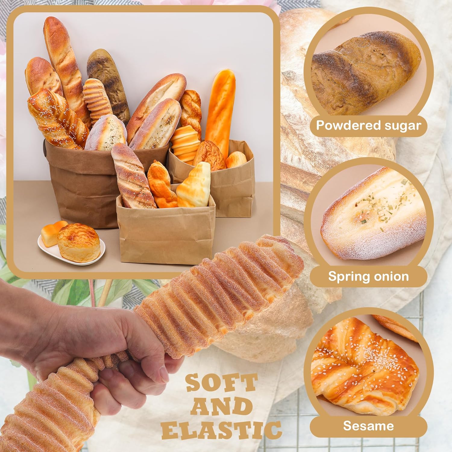 Gresorth 5pcs Large Realistic Fake Bread Set Artificial Food for Decoration Home Kitchen Party Display Faux Long Baguette Caterpillar Props