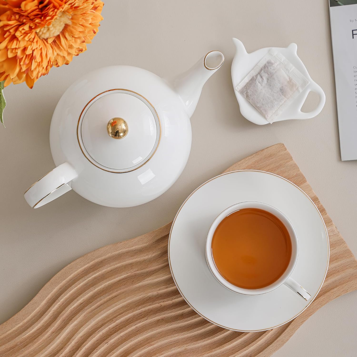 Classic White Porcelain 6.6oz Tea Cup and Saucer Set - 8 pieces cups and Saucers Set with gold trim, Elegant and Versatile for Daily Use, Gift