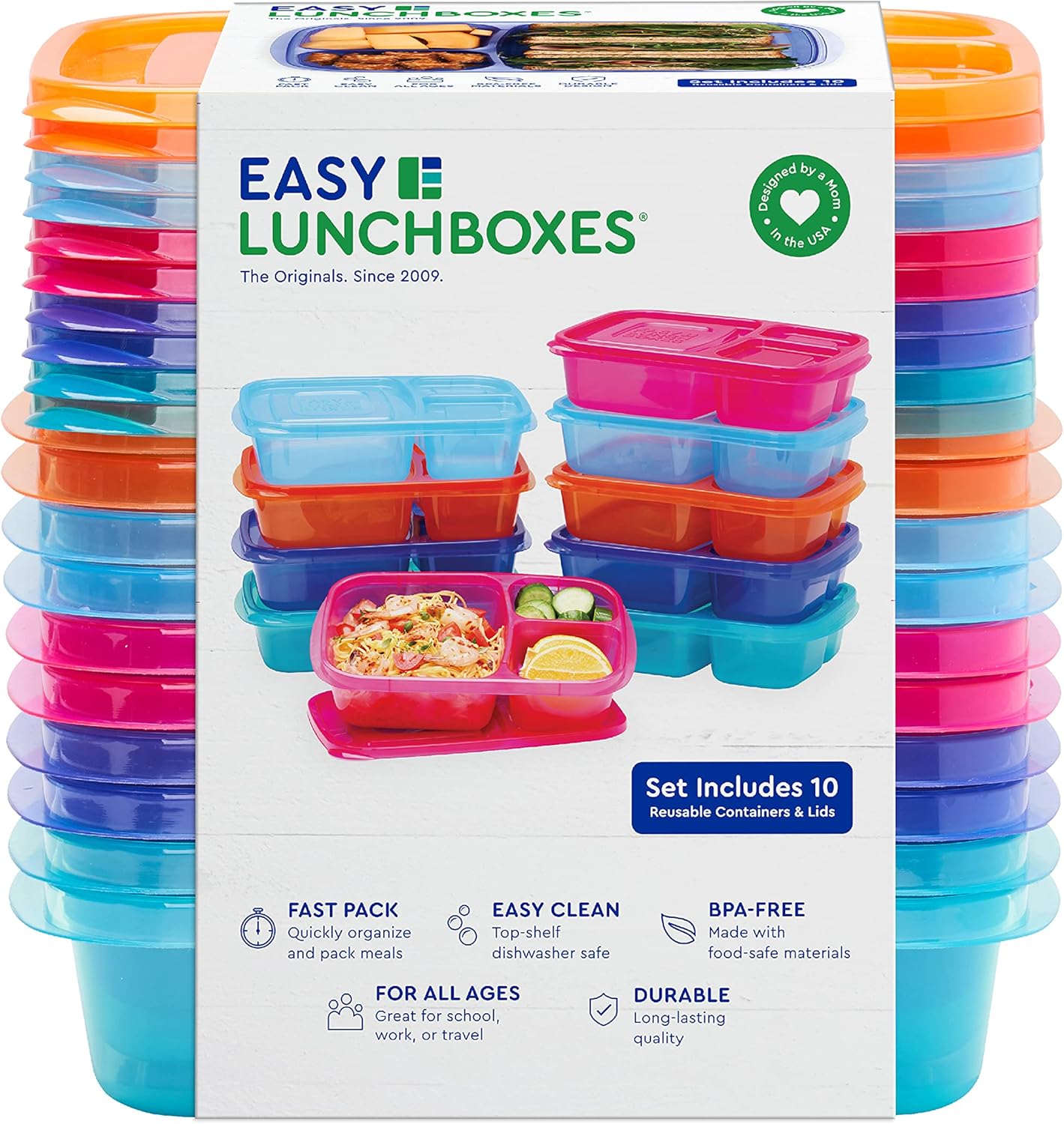 EasyLunchboxes - Bento Lunch Boxes - Reusable 3-Compartment Food Containers for School, Work, and Travel, Set of 10, (Classic): Home & Kitchen