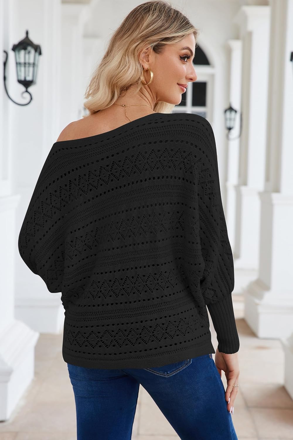 Cakulo Womens Off Shoulder Sweater Top Fall Outfits Fashion 2025 Oversized Knit Batwing Long Sleeve Crochet Flower Sweaters - Image 8