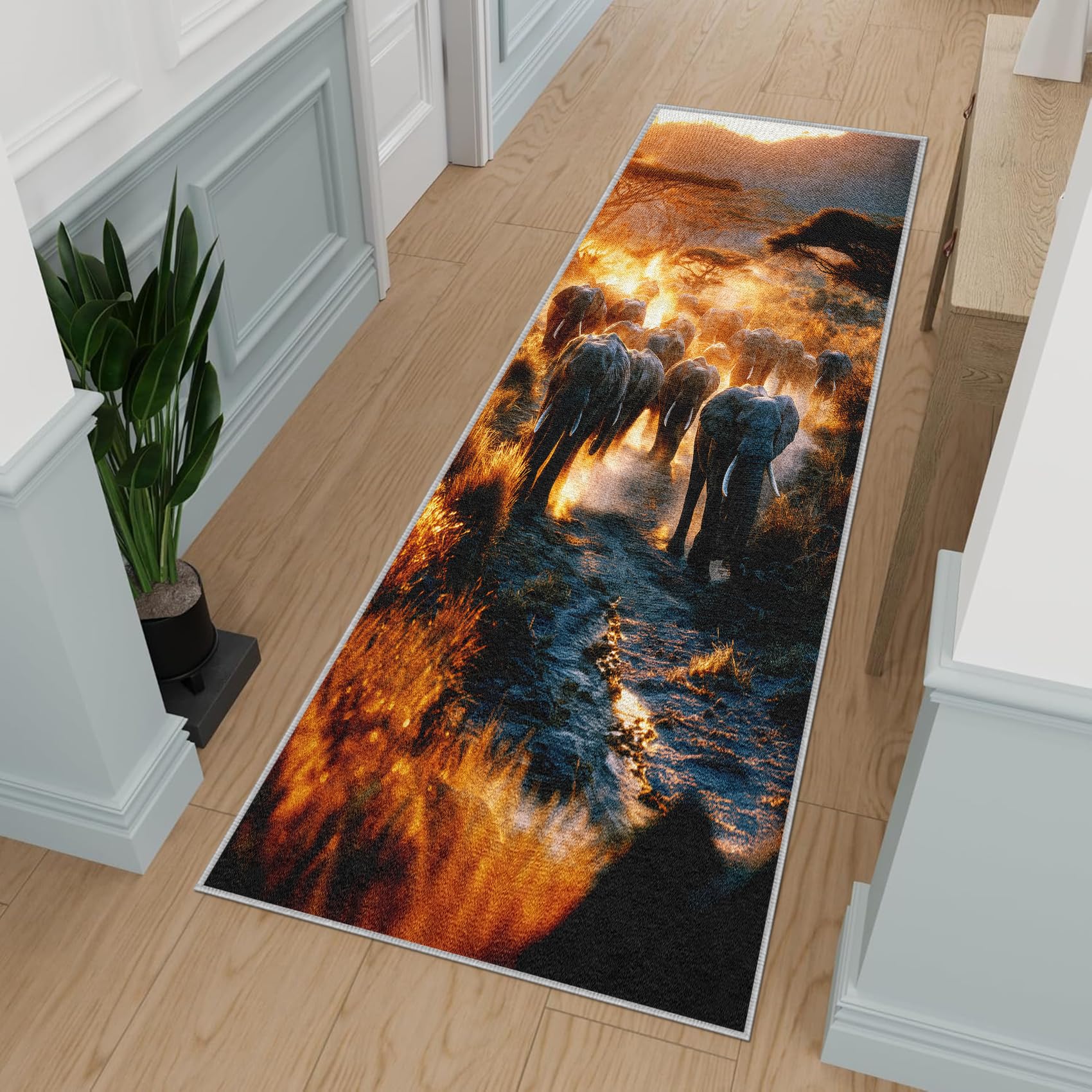 Generisch Elefanten Teppich Läufer Flur Lang, Tierwelt Teppichläufer Flur rutschfest Küchenläufer 80 x 150 cm Waschbarer Flurläufer für Küche, Eingang, Wohnzimmer Schlafzimmer UG&I13