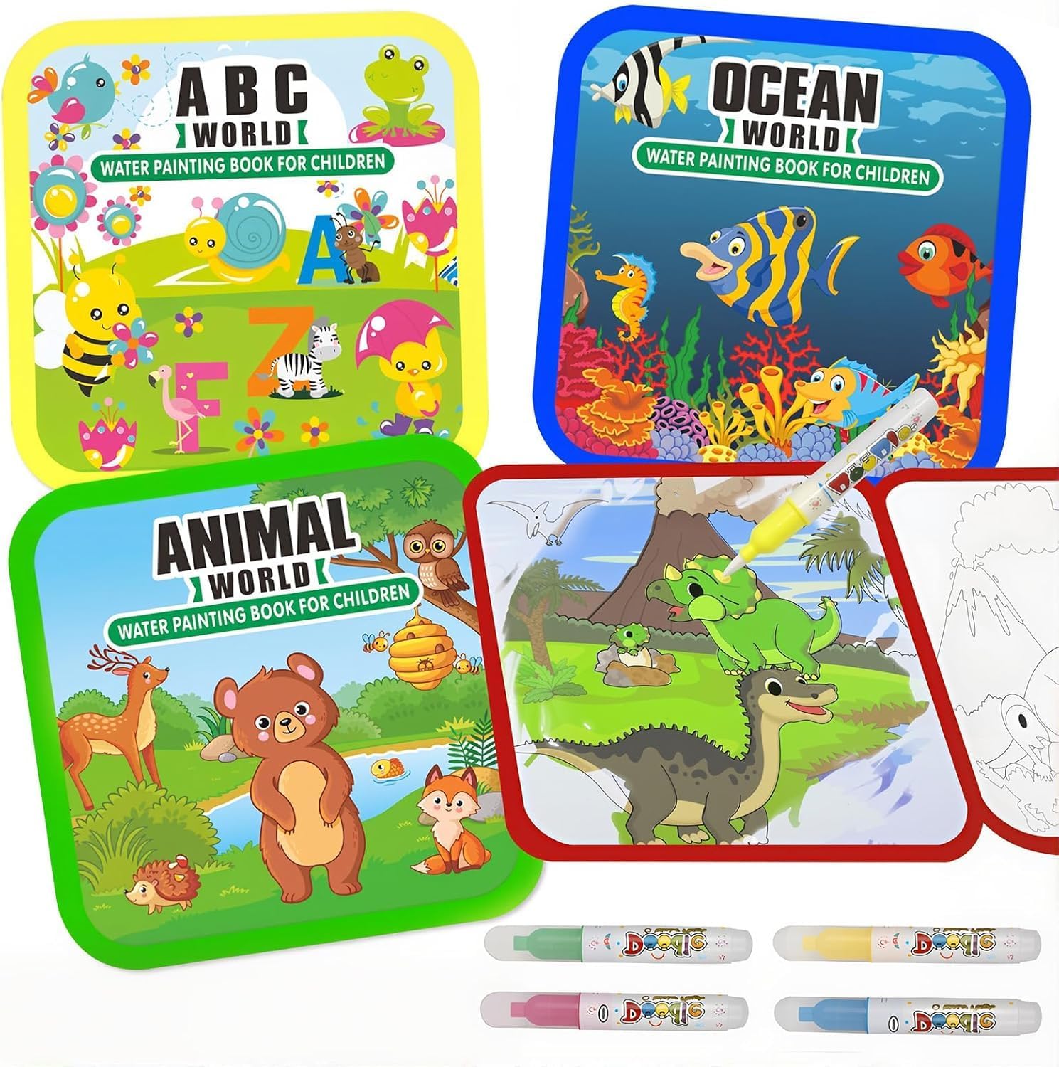 Wickston Reusable Magic Water Colouring Book Set for Kids | Mess-Free Painting with Water Pens | Educational Drawing Activity Book for Toddlers | Travel-Friendly Learning Kit (All Four World) 3
