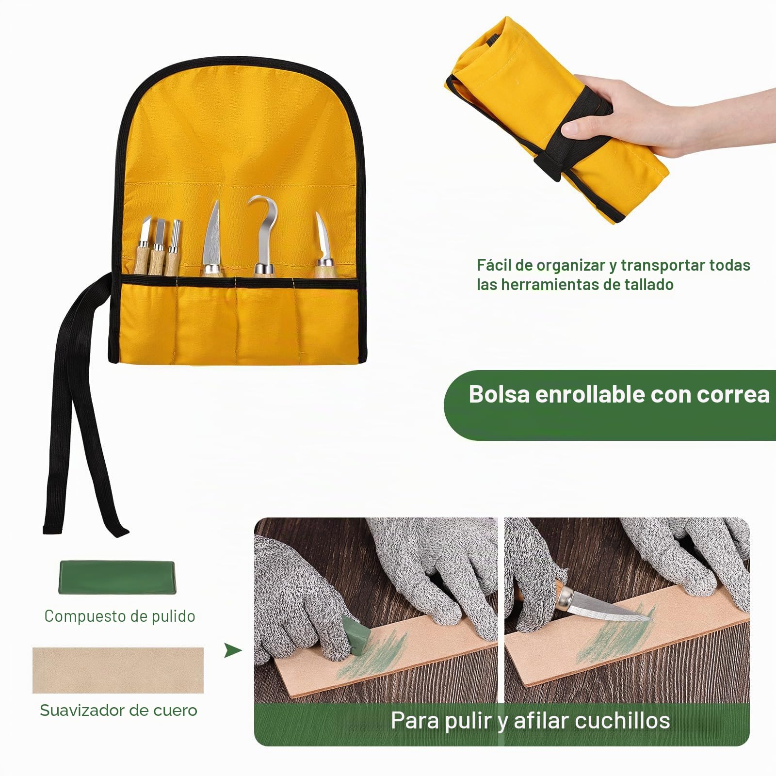 Kit de Tallado de Madera 19 en 1, Kit de Cuchillos de Madera incluye 8 Bloques de Tallado de Tilo, 6 Cuchillos para Tallar para Tallar para Principiantes, Guantes Resistentes a Cortes, Bolsa de Lona