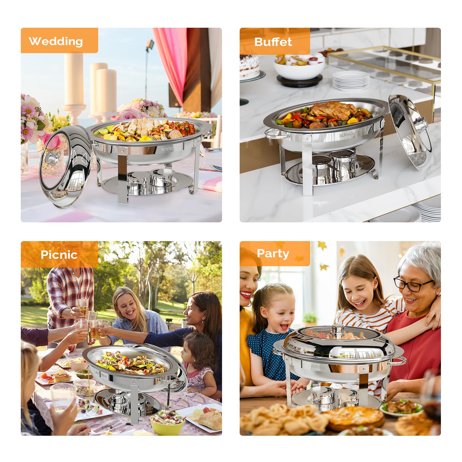 ROVSUN Juego de 2 platos ovalados para buffet, juego de platos de acero inoxidable de 6 cuartos de galón con tapa de cristal, chafers y calentadores de buffet para fiestas, catering, bodas, banquetes,