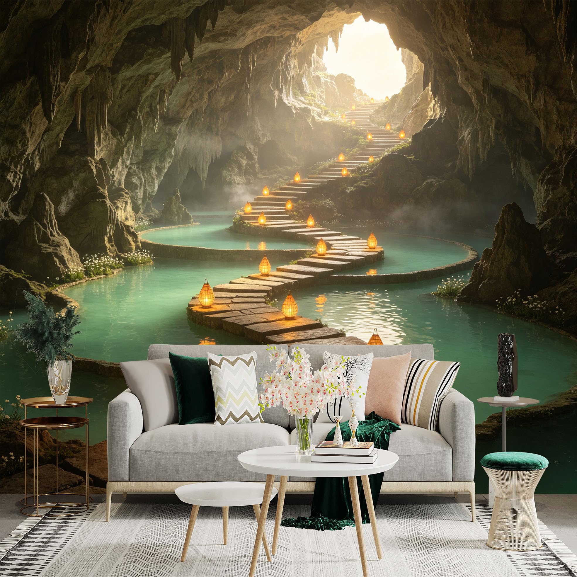 Custom Size Wall Sticker Mural， Enchanted Cave with Glowing Lanterns， Stone Pathway Over Turquoise Water， Mystical Underground Landscape， for wall Decoration， peelandstick wall Decals.