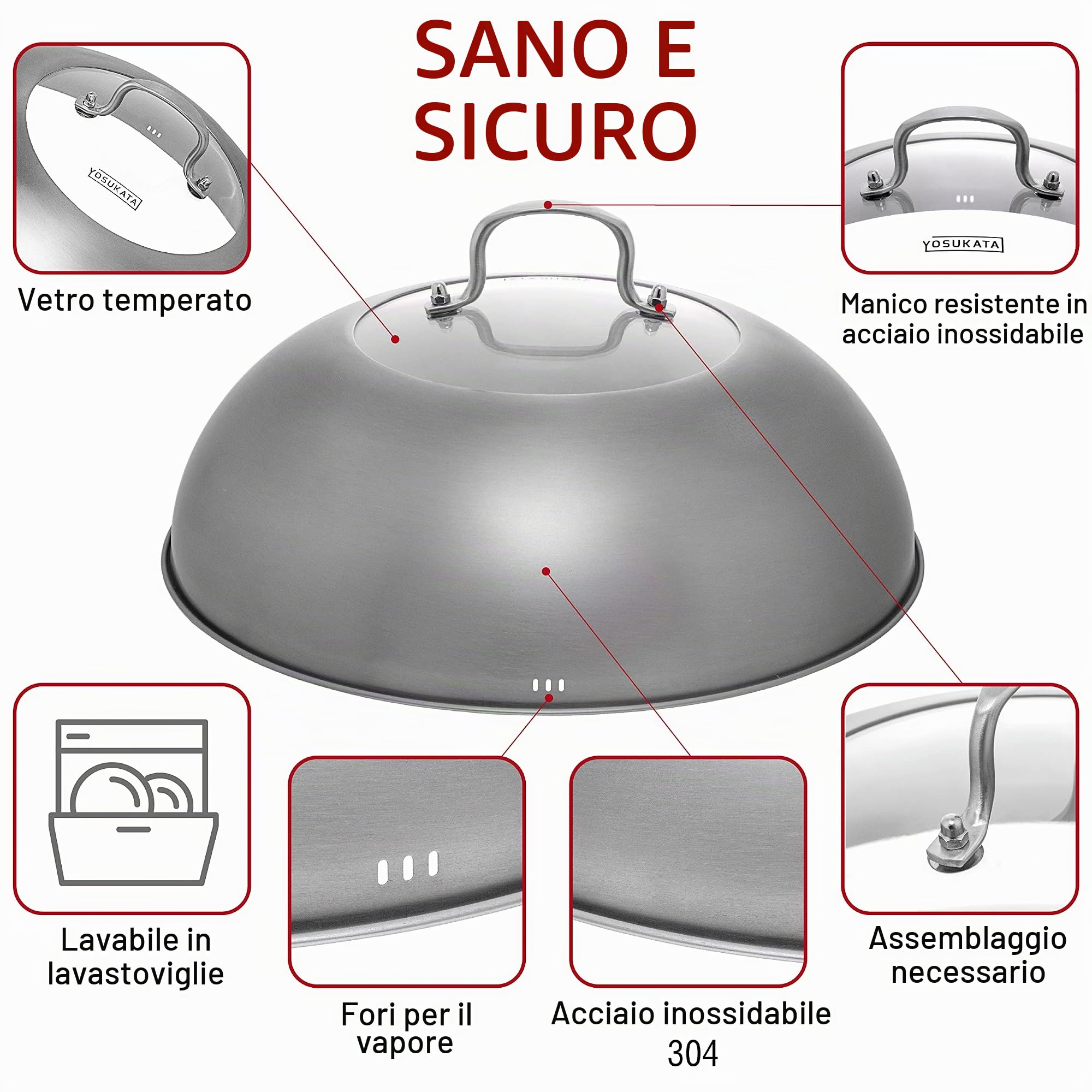 YOSUKATA Wok Padella Professionale 34 cm - Tradizionale Wok Acciaio al Carbonio Fondo Piatto + Coperchio Wok 32,5 cm