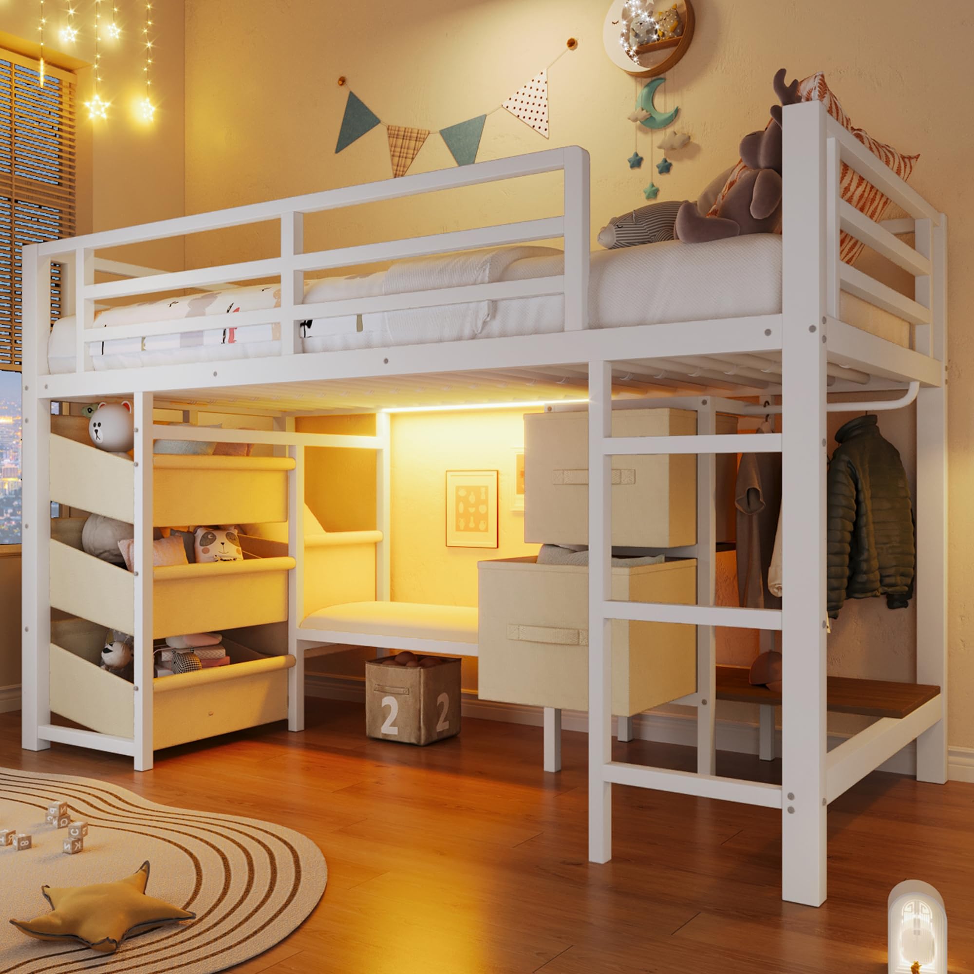 Lit enfant 90x200 avec LED,coussin d'assise,tiroir de rangement en tissu,sac de rangement en tissu,espace patère,lit mezzanine enfant en métal,cadre de lit mi hauteur 90x200 avec sommier (A-Blanc)
