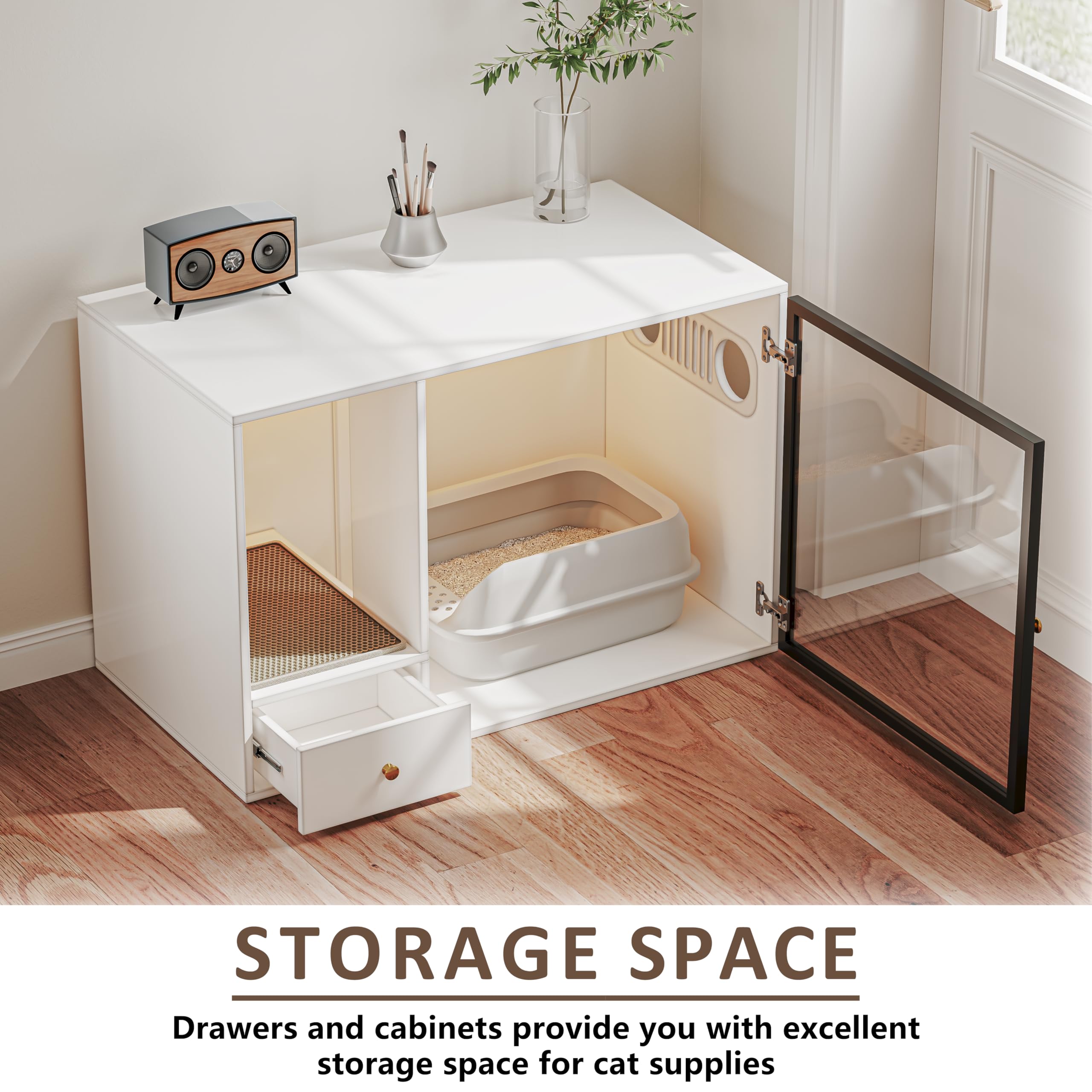 Top Entry Cat Litter Box Enclosure Furniture Style, White Large Hidden Glass Cat Cabinet Pet House with Stairs and Storage Drawers for Living Room (40.2'' W) - image 8