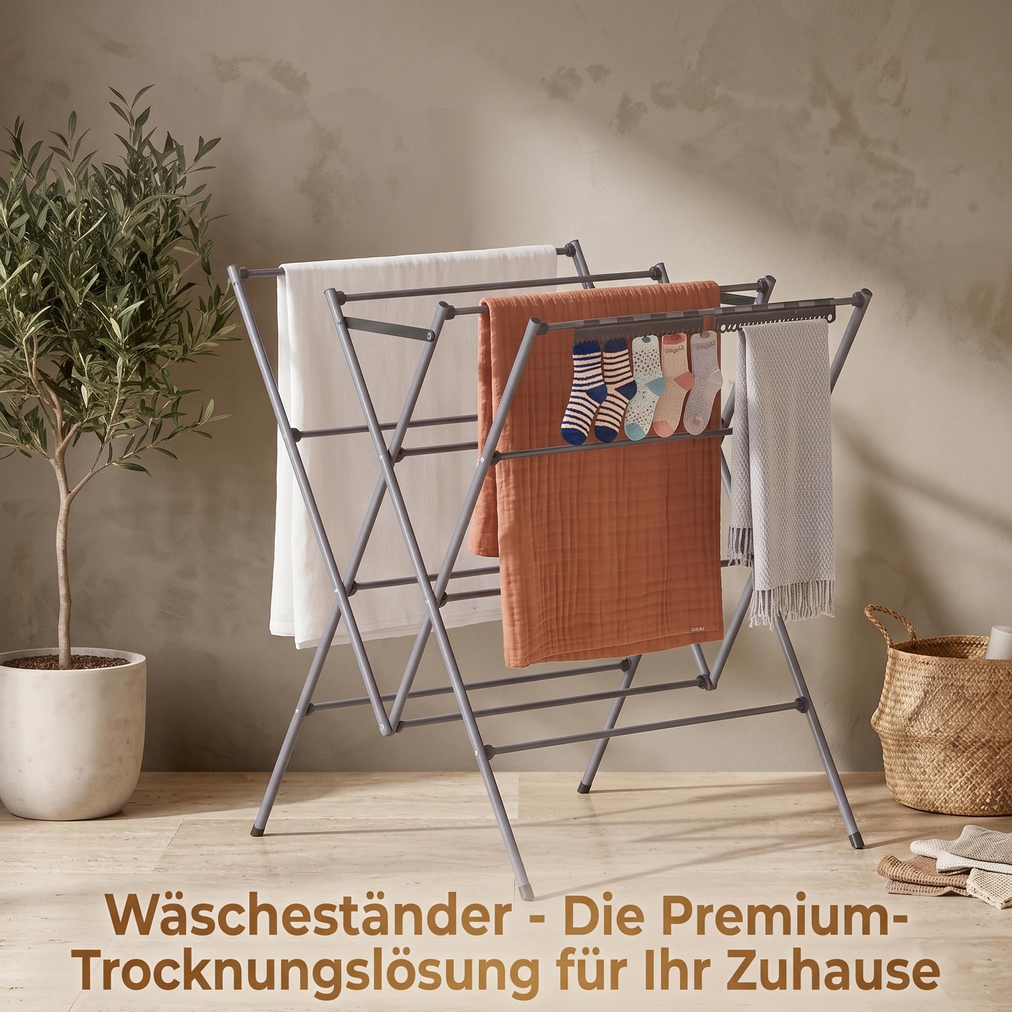 Wäscheständer Klappbar, Großer Wäschetrockner mit 12 Trockenstangen und Sockenhalter, Platzsparender Standtrockner für Innen und Außen, 22 kg Tragkraft, Leicht & Kompakt, Silber