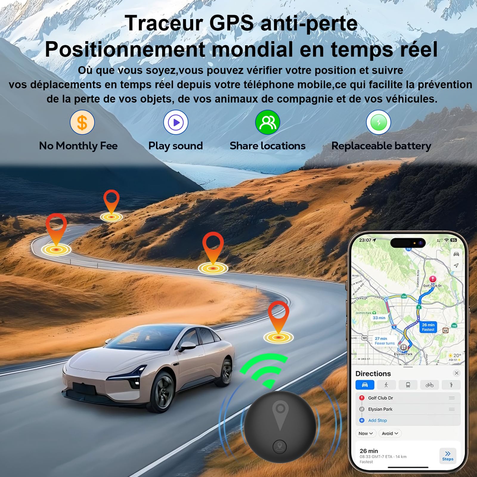 Traceur GPS Voiture,Magnétique Smart Tag Tracker,Traceur caché localisateur,Traceur sans Abonnement,Étanche IP67,Compatible avec iOS et Android,pour Véhicules/clés/Moto/Bagage/Enfant/Wallet-