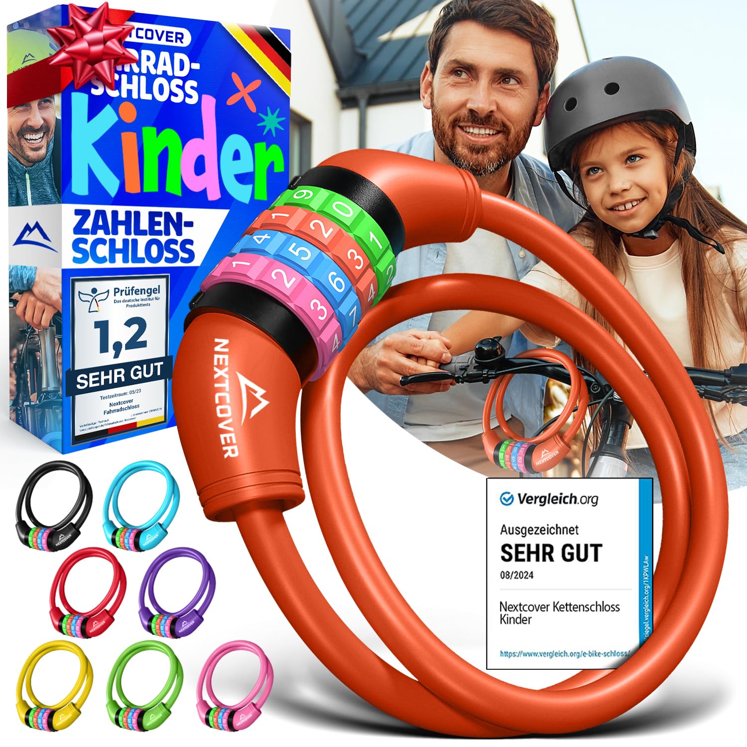 NEXTCOVER® Fahrradschloss Kinder mit 4-stelligem Zahlencode I Kinder Fahrradschloss - Ideal für Roller, Fahrrad & mehr I Zahlenschloss Fahrrad mit bunten Zahlen - Roller Schloss Extra robust & sicher