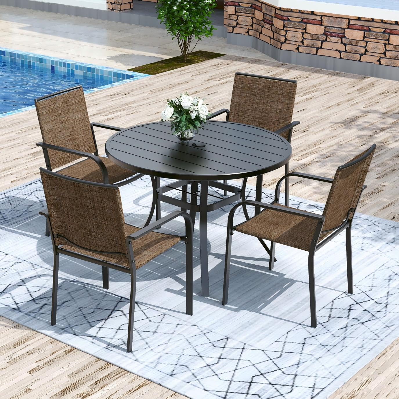Anmutig 5 Piece Patio Dining Set 41 Inch Round Table Stackable Chairs Brown