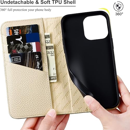 Miniatura 7 de VISOUL Pebbled - Funda de piel auténtica para iPhone 15 Pro Max, funda tipo cartera con MagSafe y soporte para tarjetas, funda magnética con función