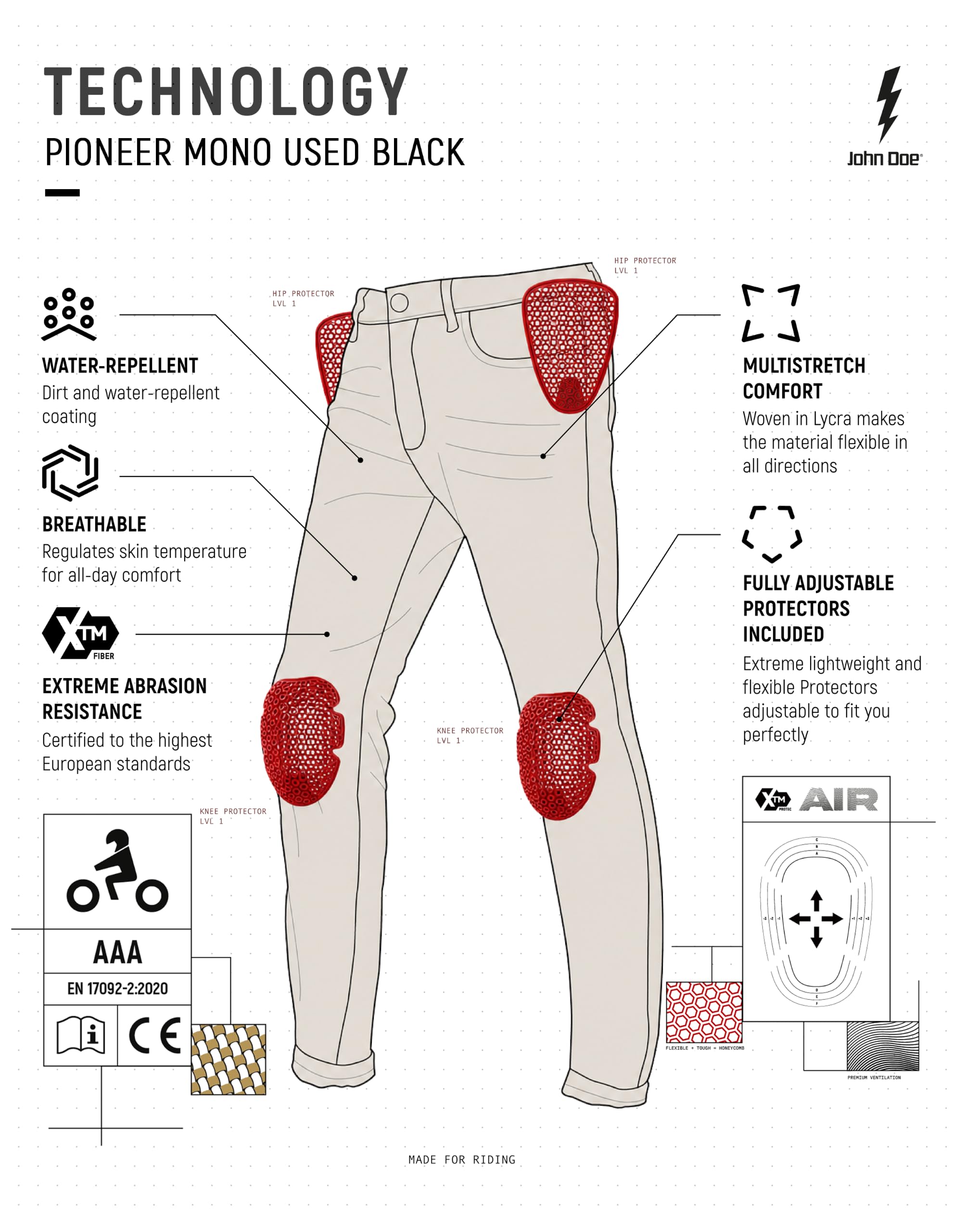 John Doe Dylan Monolayer | certyfikat CE AAA | spodnie motocyklowe | oddychające | dżinsy motocyklowe | dżinsy ze stretchem | z ochraniaczami