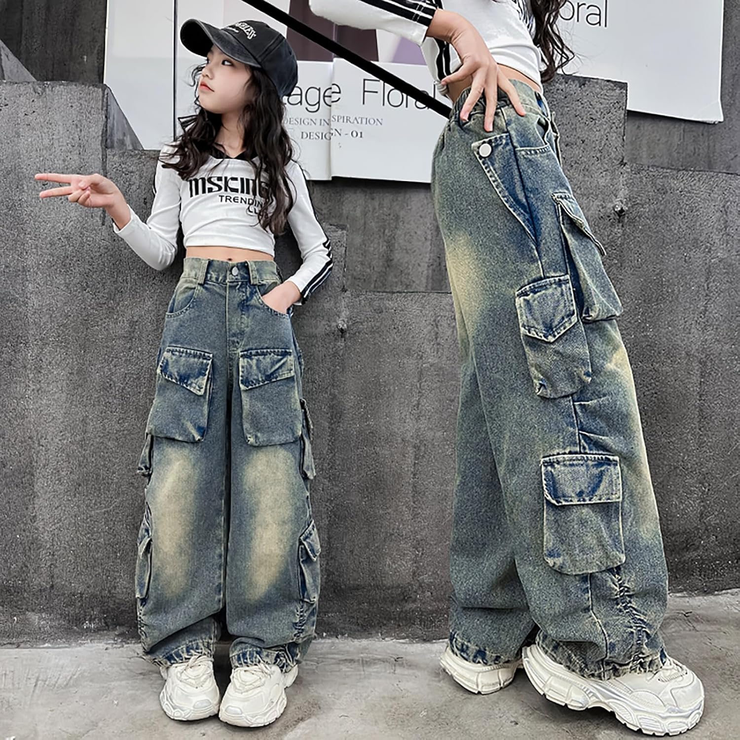 Rolanko Girls Cargo Pants Baggy Y2K Cargo Trousers Jeans Wide Leg Pants with Multi Pockets 4-15 Years - Image 3