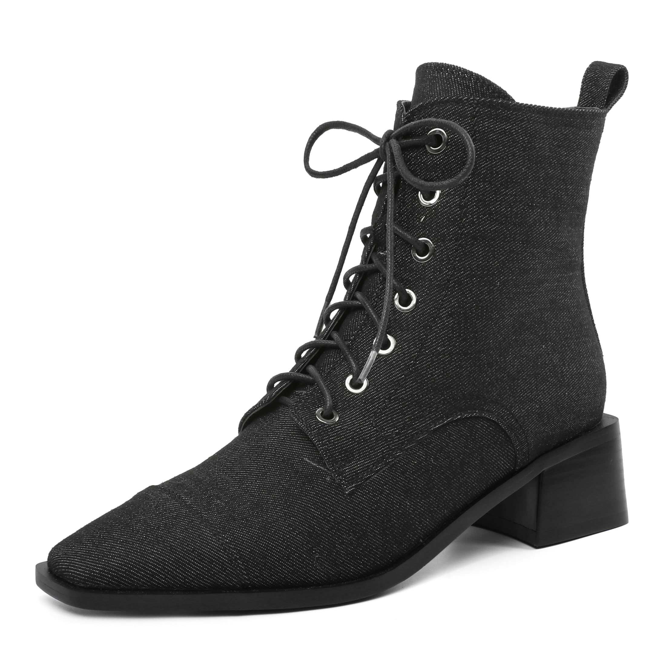 Womens Ankle Boots Chunky Block Heel Square Toe Lace-Up Side Zipper Short Combat Booties 2 Inches