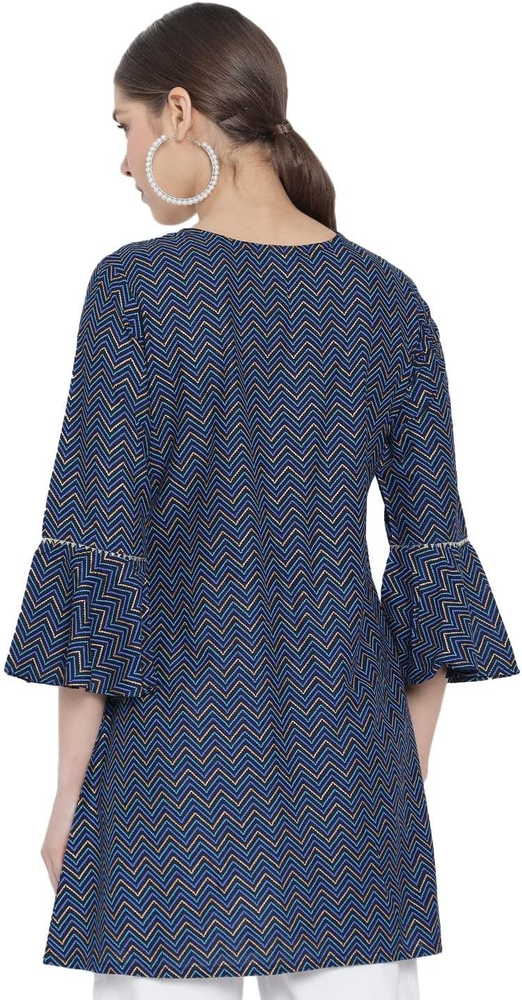 Yash Gallery Women's Rayon Chevron Printed Bell Sleeve Round Neck Mid Thigh Length Straight Fit Short Kurta For Summer - Image 4