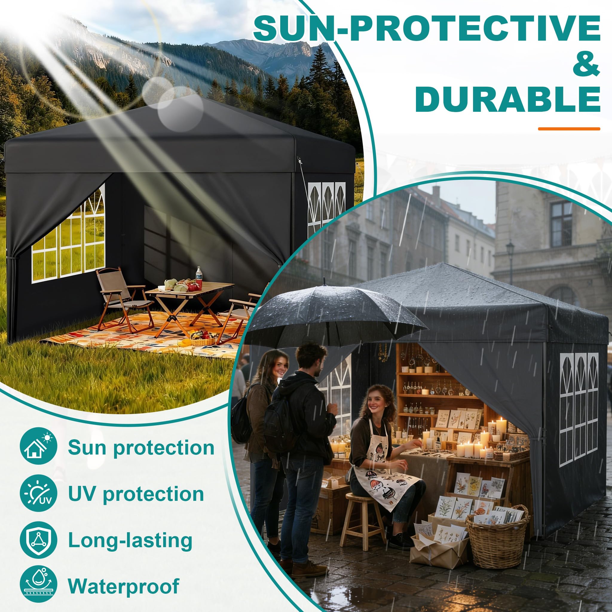 UISEBRT Tonnelle pop-up 2,5 x 2,5 cm, étanche, stable, résistante à l'hiver, anti-UV, pliable, avec 4 panneaux latéraux, verrouillage centralisé à un bouton, 3 hauteurs réglables 240 à 260 cm, pliable