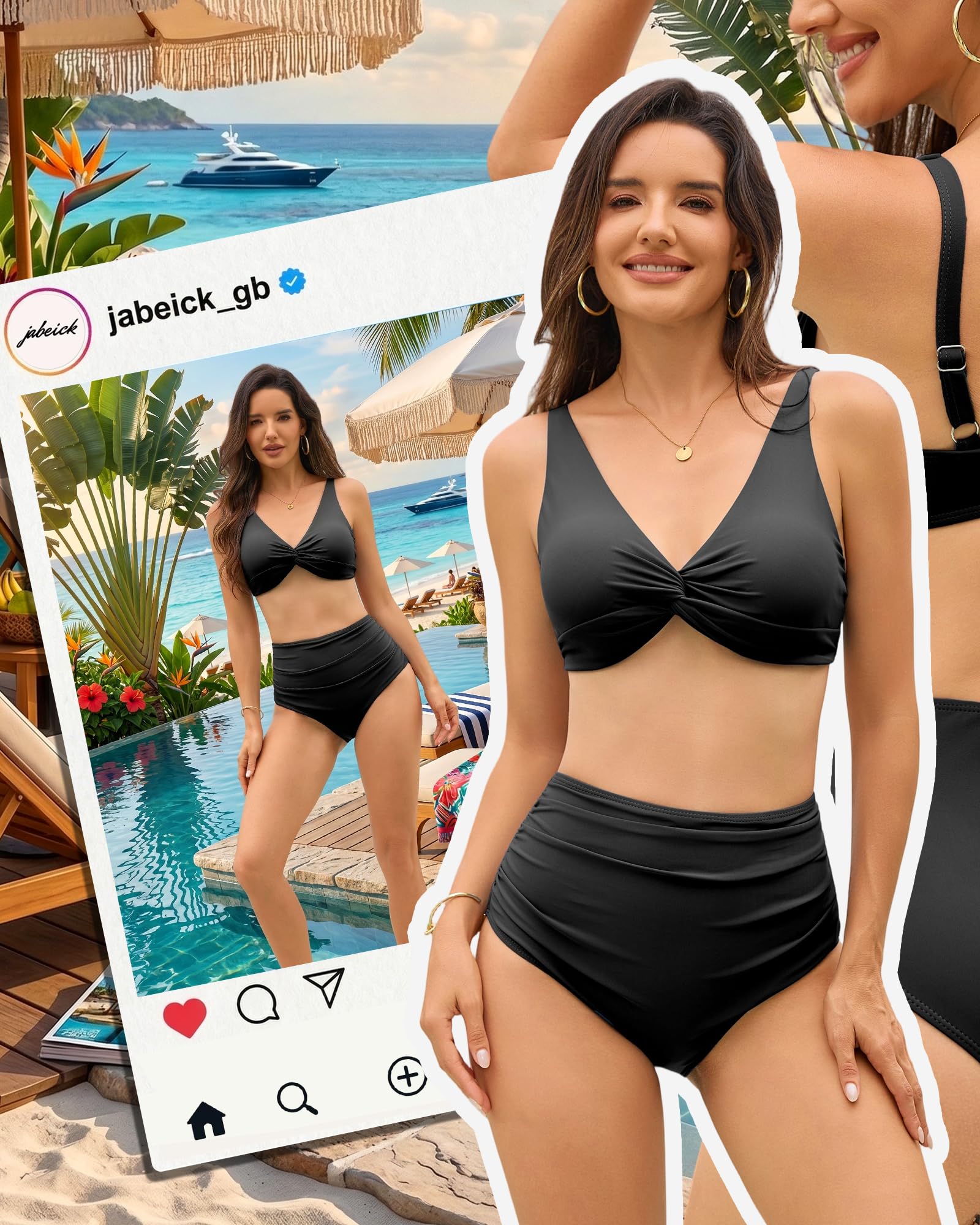 Conjunto de bikini para mujer, alto con control de abdomen, bikini sexy de dos piezas, traje de baño de dos piezas, traje de baño con tirantes ajustables, cuello en V, sexy push-up, tirantes