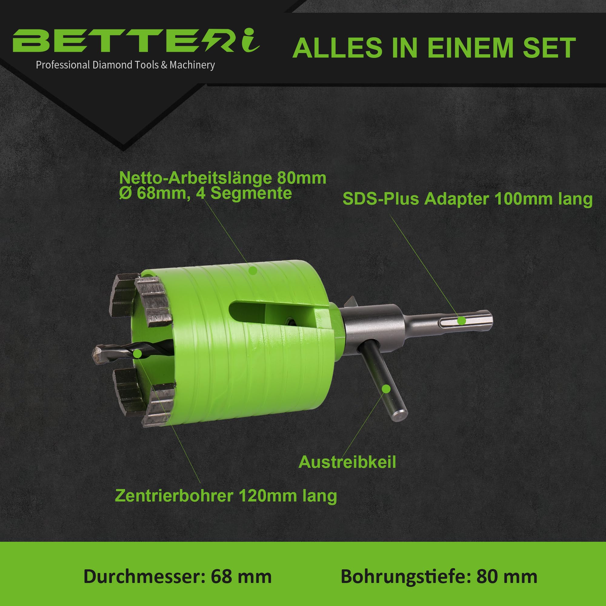Diamant Bohrkrone Beton 68 mm, Dosenbohrer 68mm Mauerwerk mit Zentrierbohrer 8x120 mm, SDS-plus Adapter, Diamant Kernbohrer 68 für Stein Beton Ziegel Putz