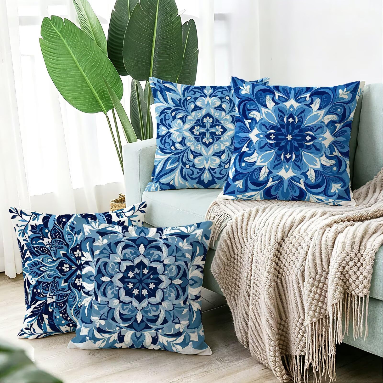 Cojines Exterior Azul Funda Almohada 45x45 Impermeables Juego de 4, Cod-518