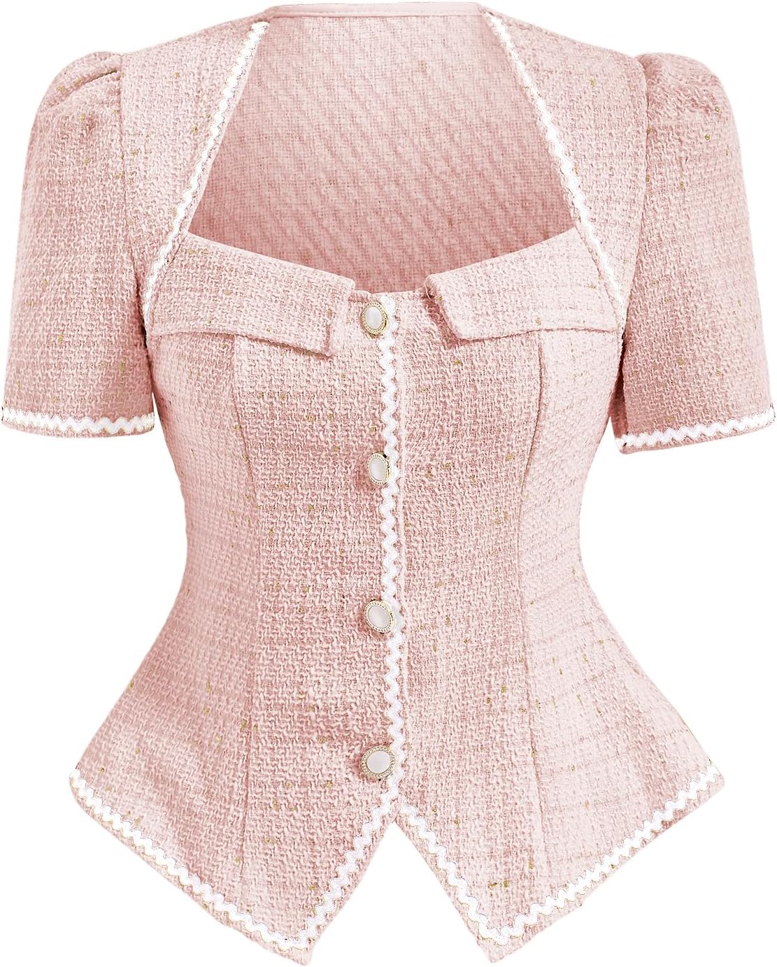 Women's Puff Sleeve Tweed Tops Elegant Button Down Business Casual Blouse