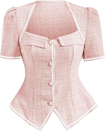Womens Puff Sleeve Tweed Elegant Button Down Blouses