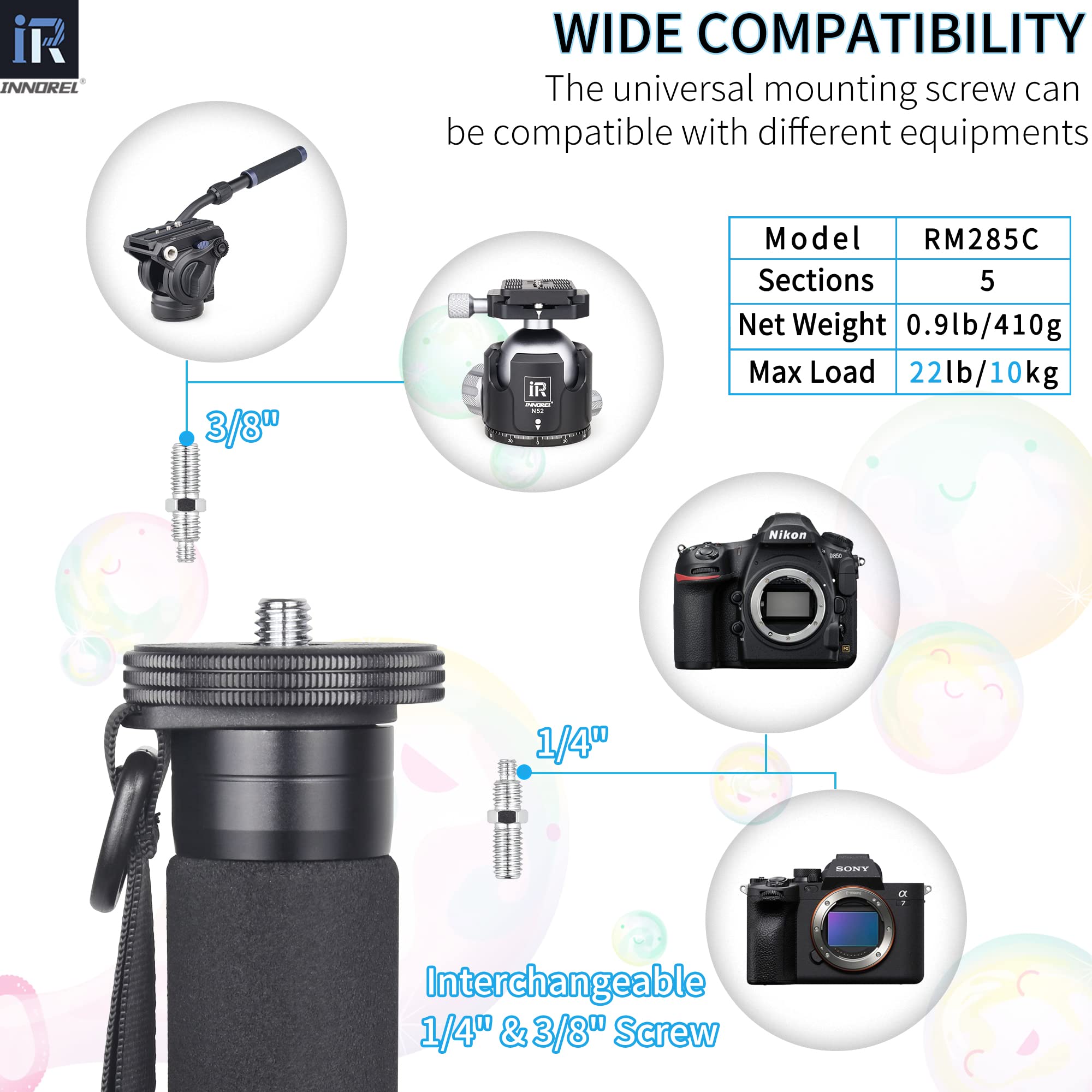 Monopiede per fotocamera in fibra di carbonio INNOREL RM285C Monopiede professionale portatile leggero da 5 sezioni per Canon Nikon Sony DSLR Camera Video Camcorder Fotografia Staffa di carico 10 kg