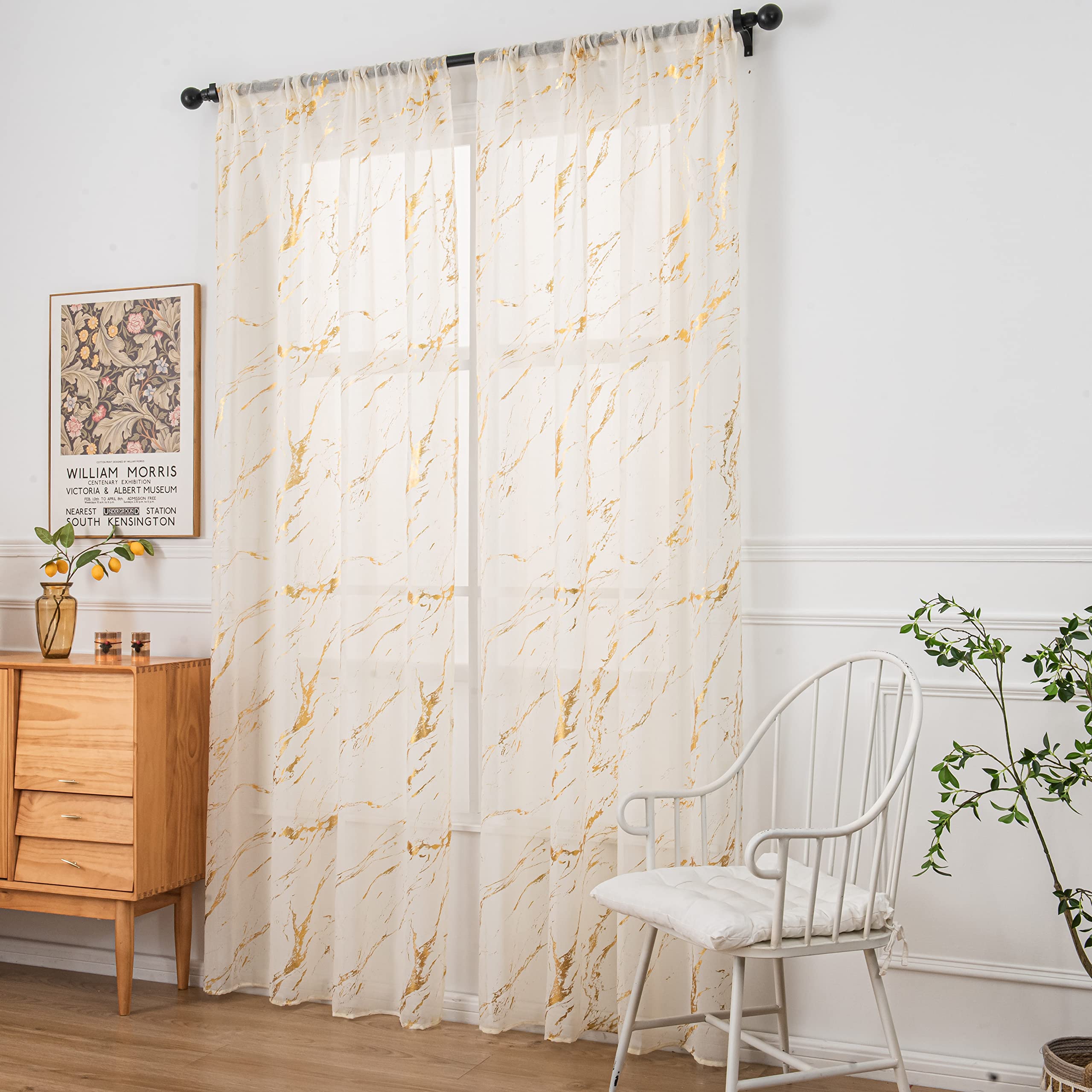 Lot de 2 Rideaux Transparents dorés de 243,8 cm de Long, Rideaux avec Passe-Tringle pour Chambre à Coucher, Salon, décoration de Noël, Traitement de fenêtre à imprimé marbre en Feuille d'or
