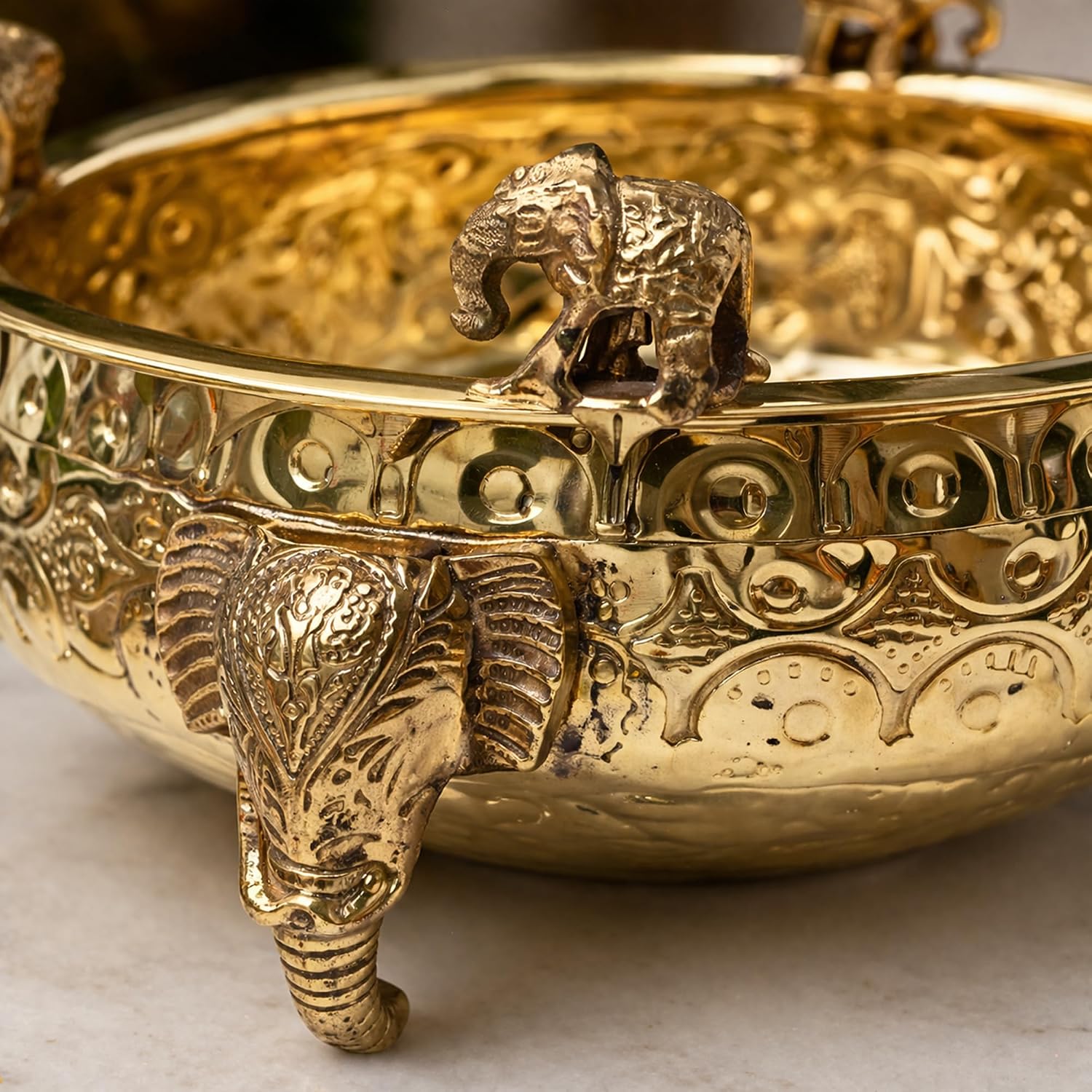 Kansakruti Handmade Brass Elephant Urli 6 inch | Floating Flower & Candle Bowl for Mandir & Entrance, photo 2