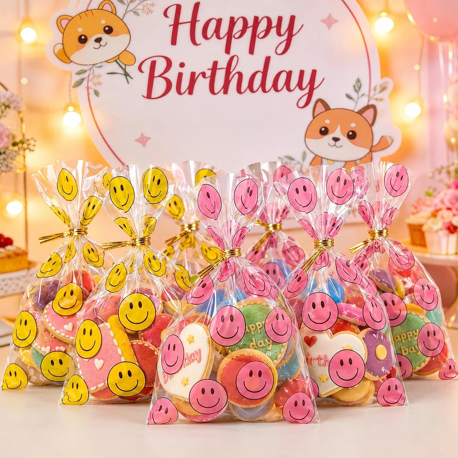Clear Cookie Bags Cellophane Gift Bags 6x9 Inch, Happy Face Print Goodie Bags with Twist Ties, Bags for Candy, Goody, Party Favors, Popcorn, Bakery Packaging and Small Gifts (100pcs yellow red bags)