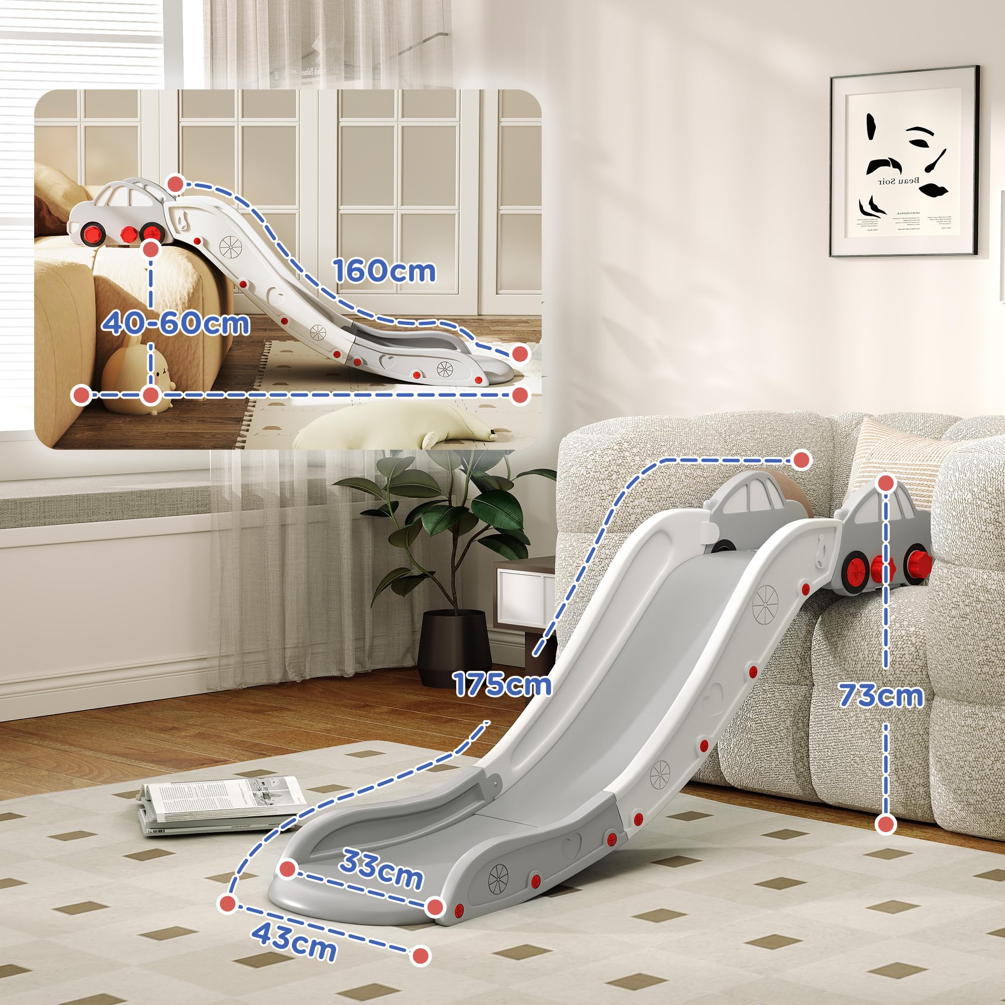 AIYAPLAY Sofa Rutsche, Indoor Kleinkind Rutsche mit verlängerter Länge für Bett, Treppe, einfach zu montieren und zu speichern, grau