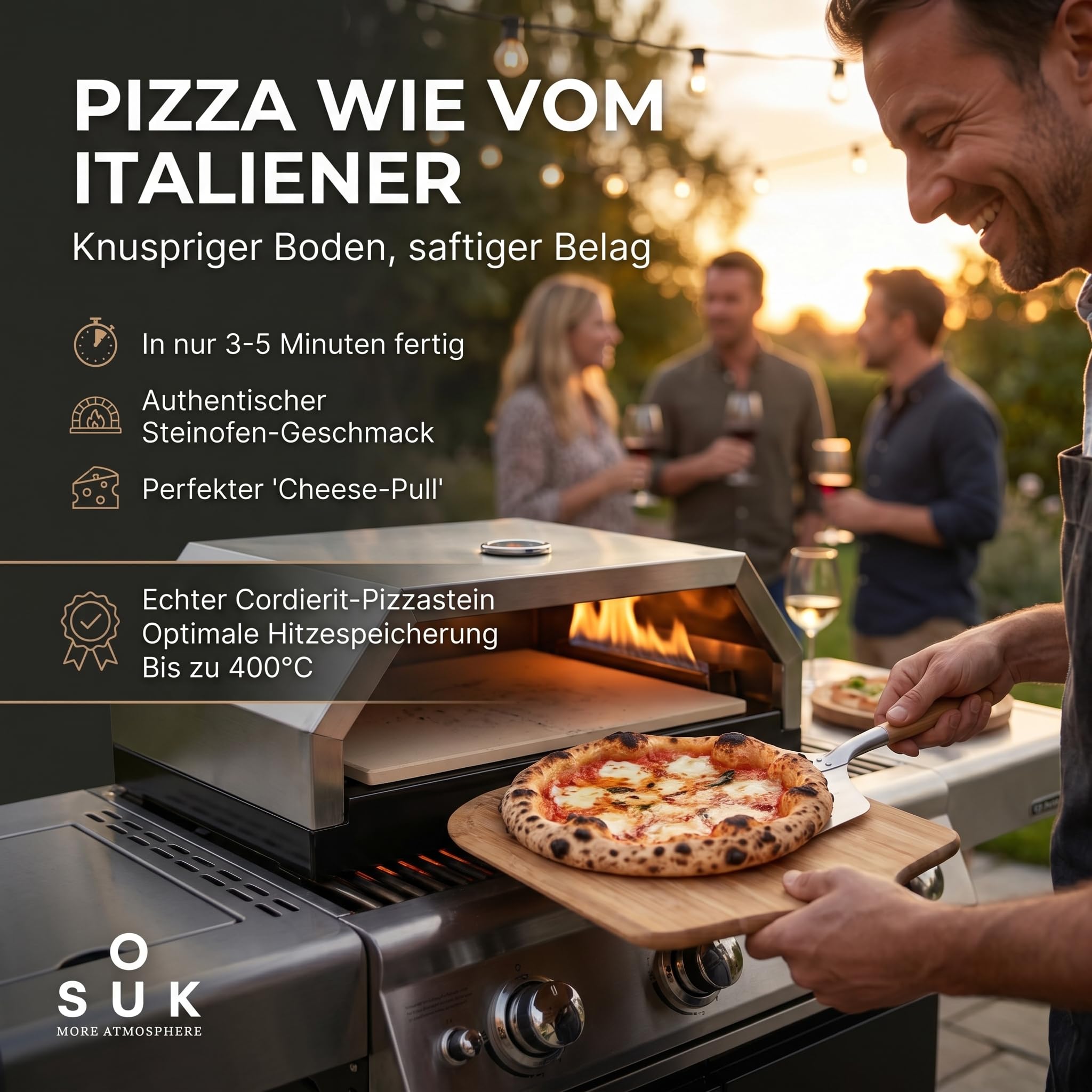 Pizzaofen aus Edelstahl mit Pizzastein für Gasgrill & Holzkohlegrill – Pizzabox für BBQ mit Thermometer (Silber)