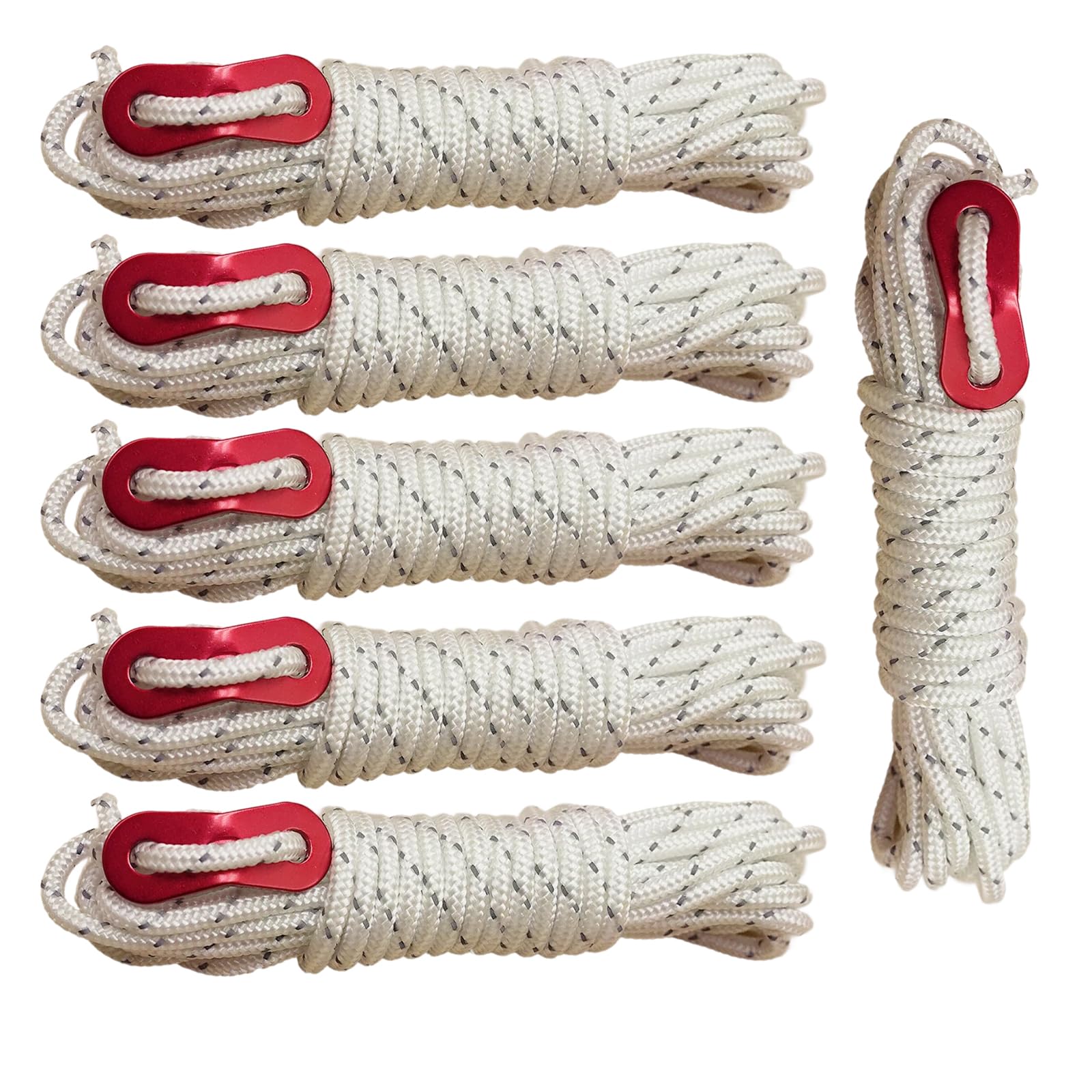 Skyzone 6 Pack Reflective Ropes - 4mm x 4M Camping Guide Ropes with Tensioner, Weatherproof Reflective Cord for Tents, Hammocks, Tarps, Outdoor Survival Gear (White, 4mm)