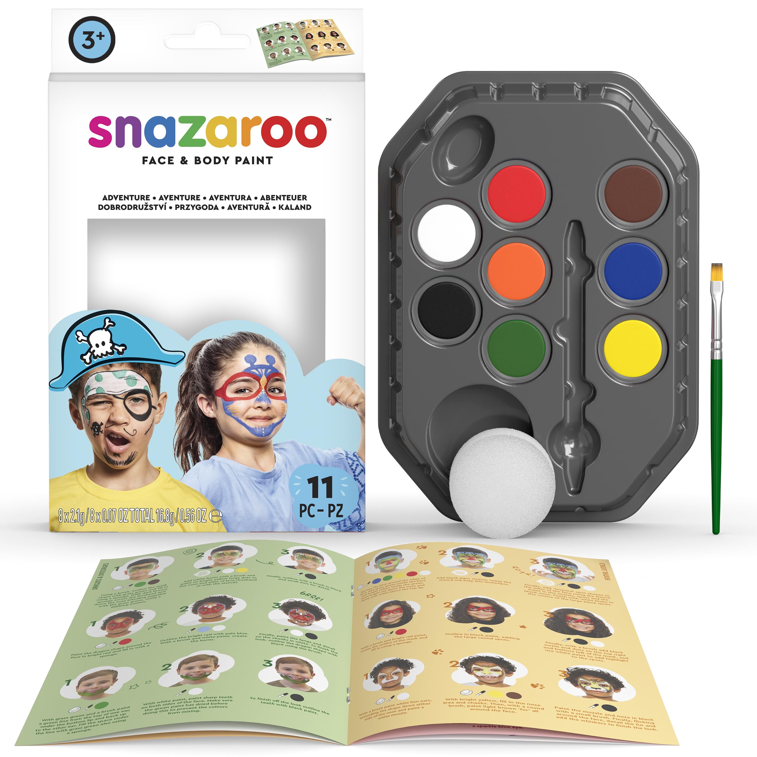 Snazaroo Adventure Face Paint Palette Kit for Kids and Adults, 8 Colours, 11pcs, Brush, Sponge, Guide, Water Based, Easily Washable, Non-Toxic, Makeup, Body Painting and Parties, for Ages 3+