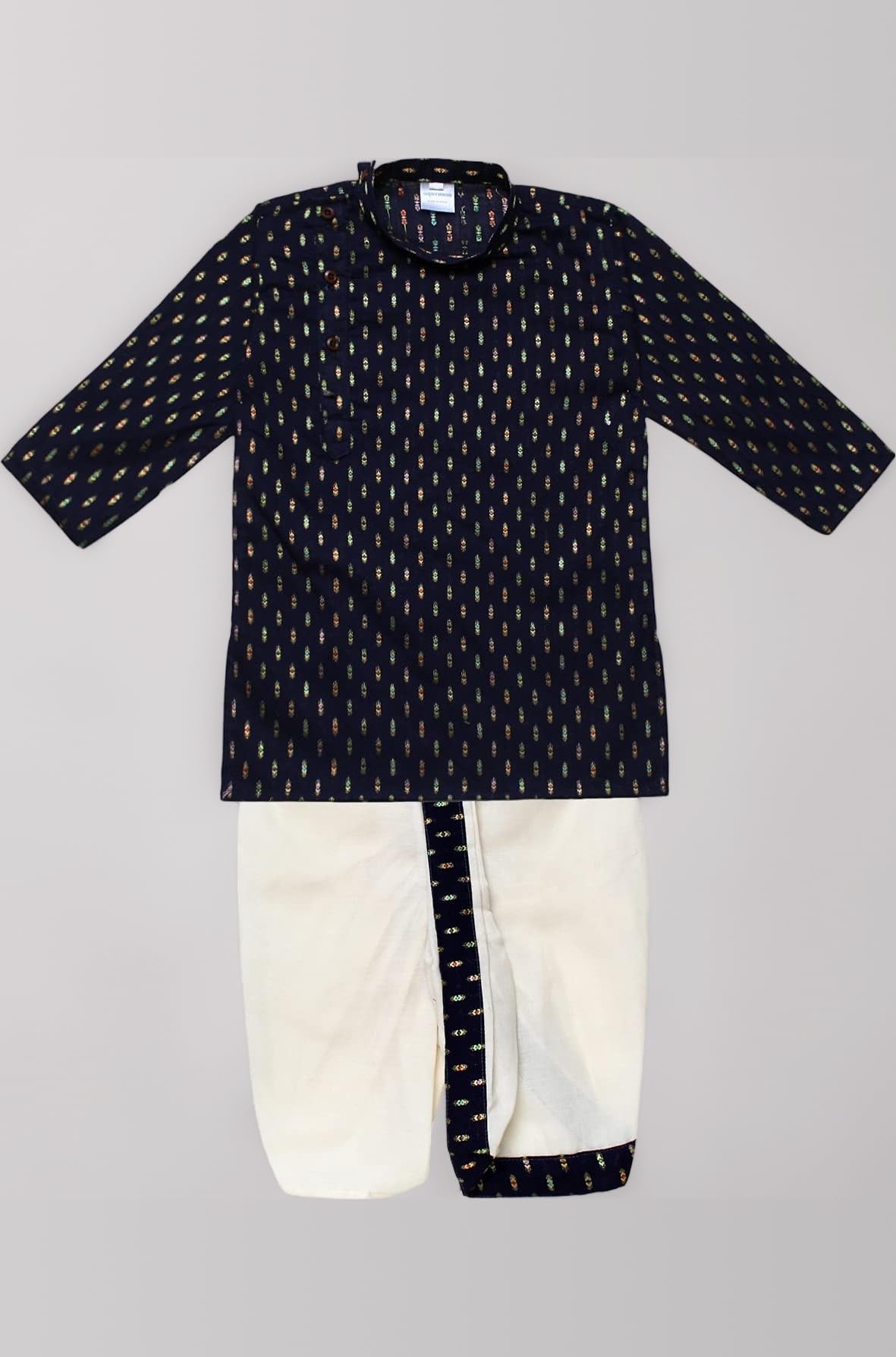 superminis Boy's Cotton Kurta with Dhoti - Golden Thread Work, Solid Round Collar, Full Sleeves, Side Button Kurta Set for Ethnic Wear