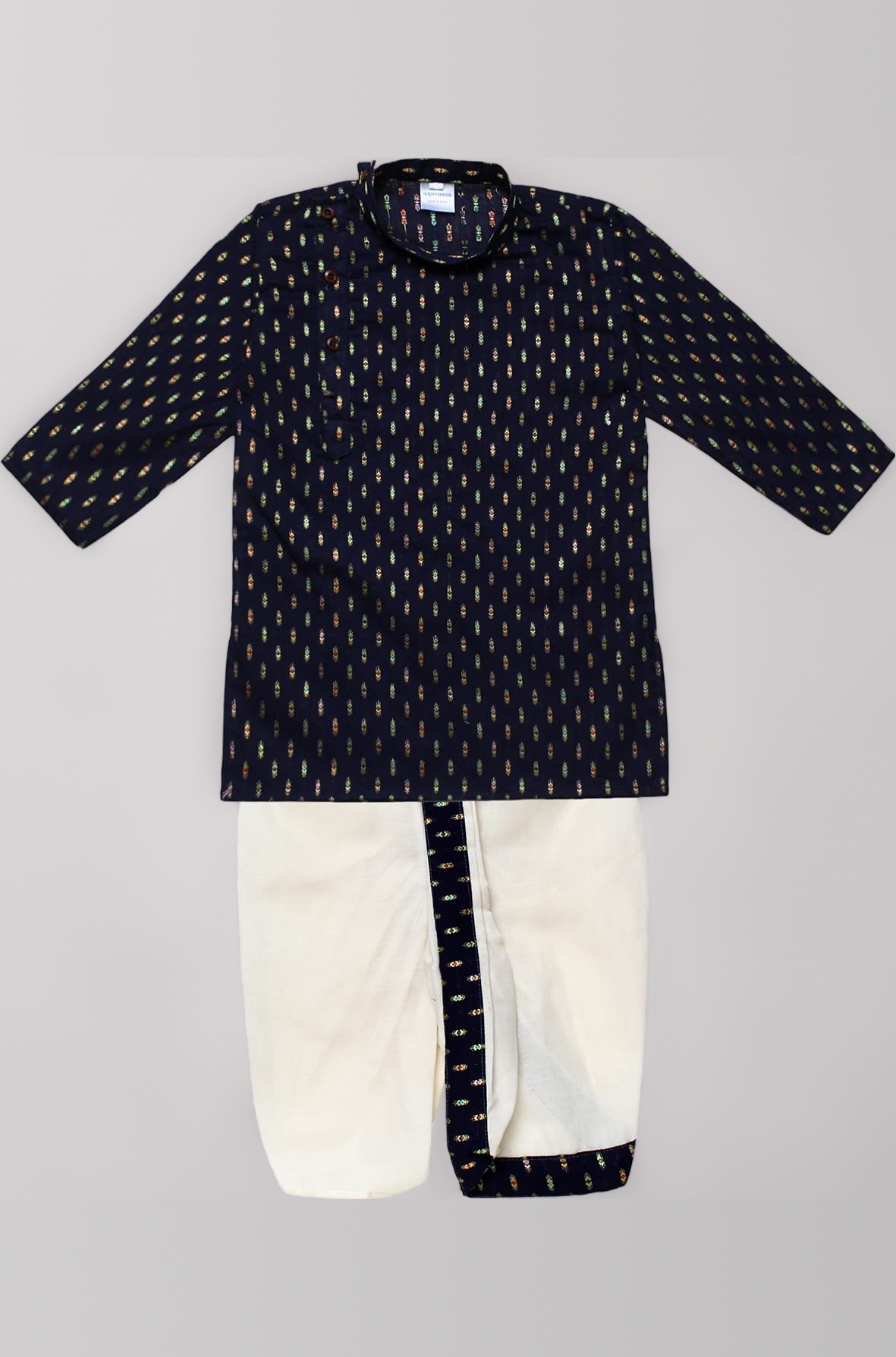superminis Boy's Cotton Kurta with Dhoti - Golden Thread Work, Solid Round Collar, Full Sleeves, Side Button Kurta Set for Ethnic Wear