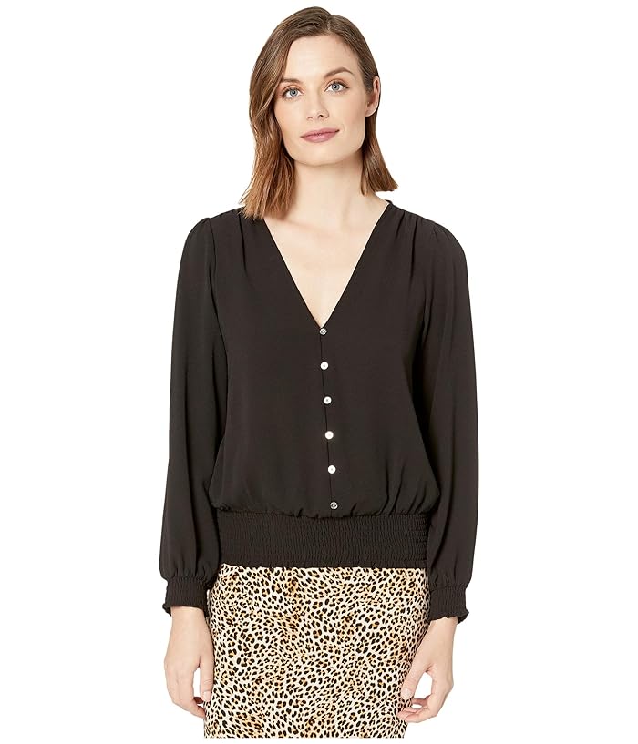 MICHAEL Michael Kors  V-Neck Button Smocked Blouse (Black) Womens Blouse