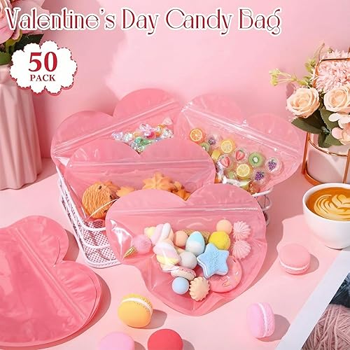 Miniatura 6 de Yexiya 50 bolsas de regalo de San Valentín, bolsas de regalo en forma de corazón, de plástico, para golosinas, contenedores resellables de embalaje