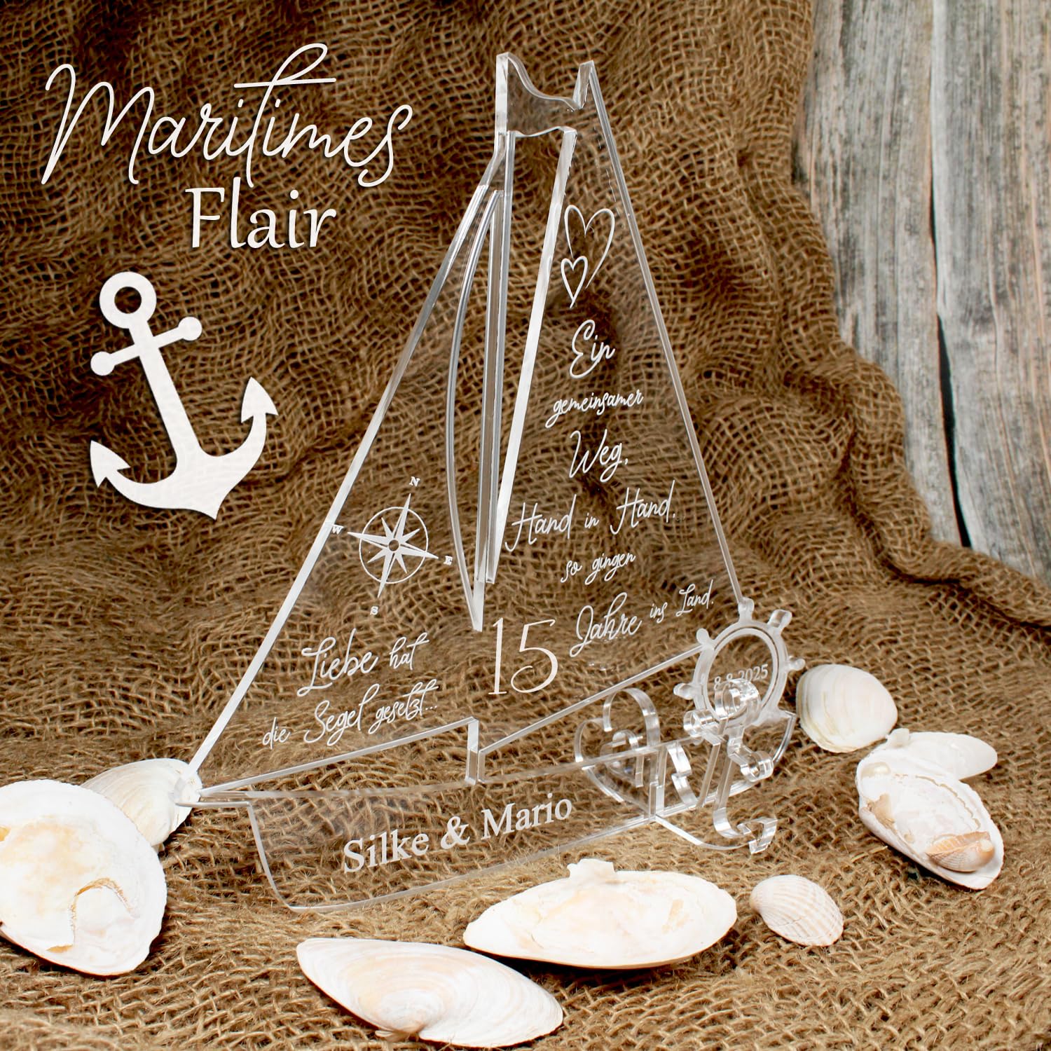 Dekolando Geschenk Kristallene Hochzeit personalisiertes Schiff aus Acryl 15 Kristallhochzeit- Personalisierte Geschenke zur Kristallenen Hochzeit Kristall